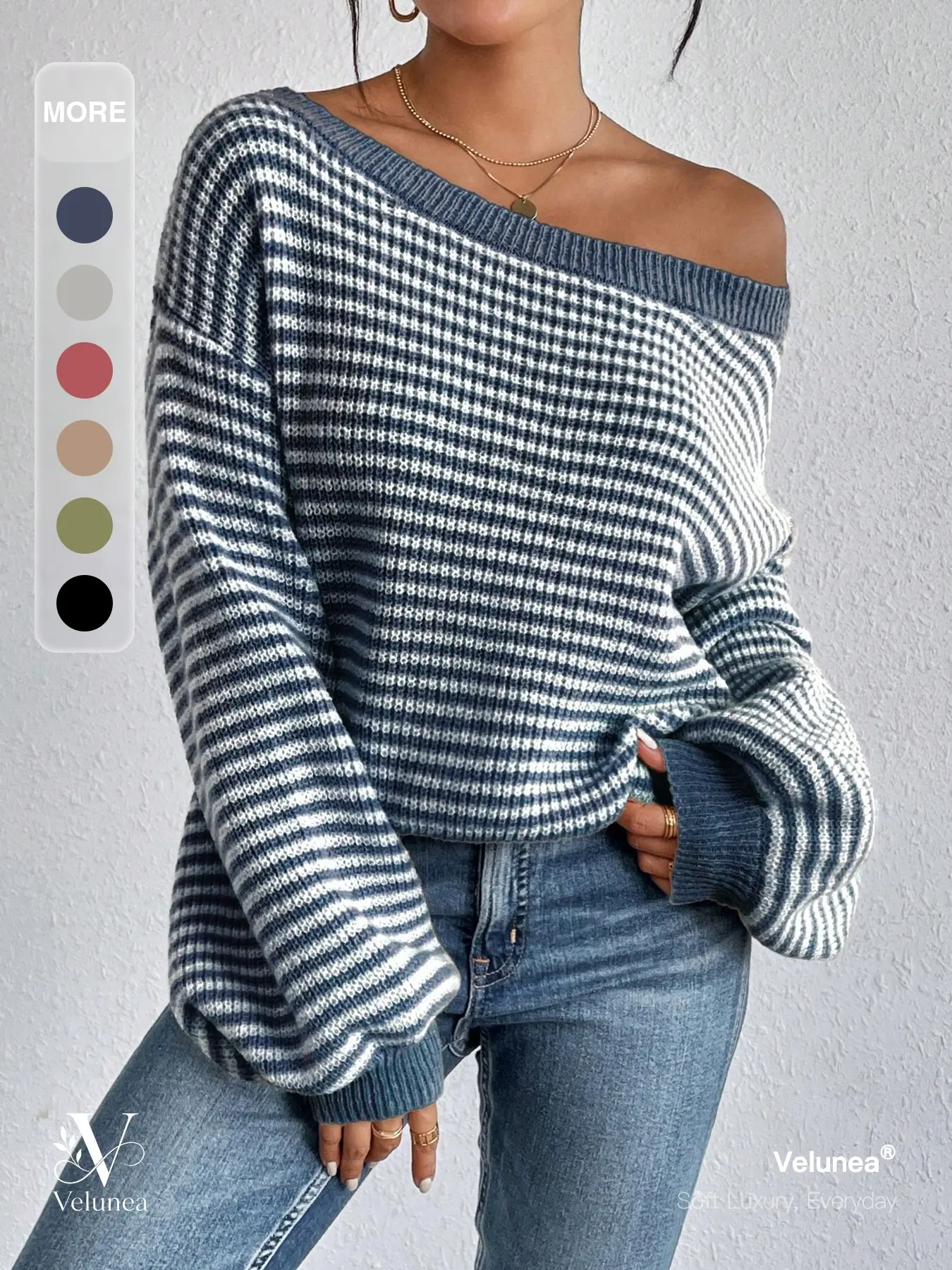 Velunea Women’s Off Shoulder Striped Knit Sweater, Oversized Long Sleeve Pullover with Relaxed Fit, Feminine Casual Top for Fall Winter Everyday Style