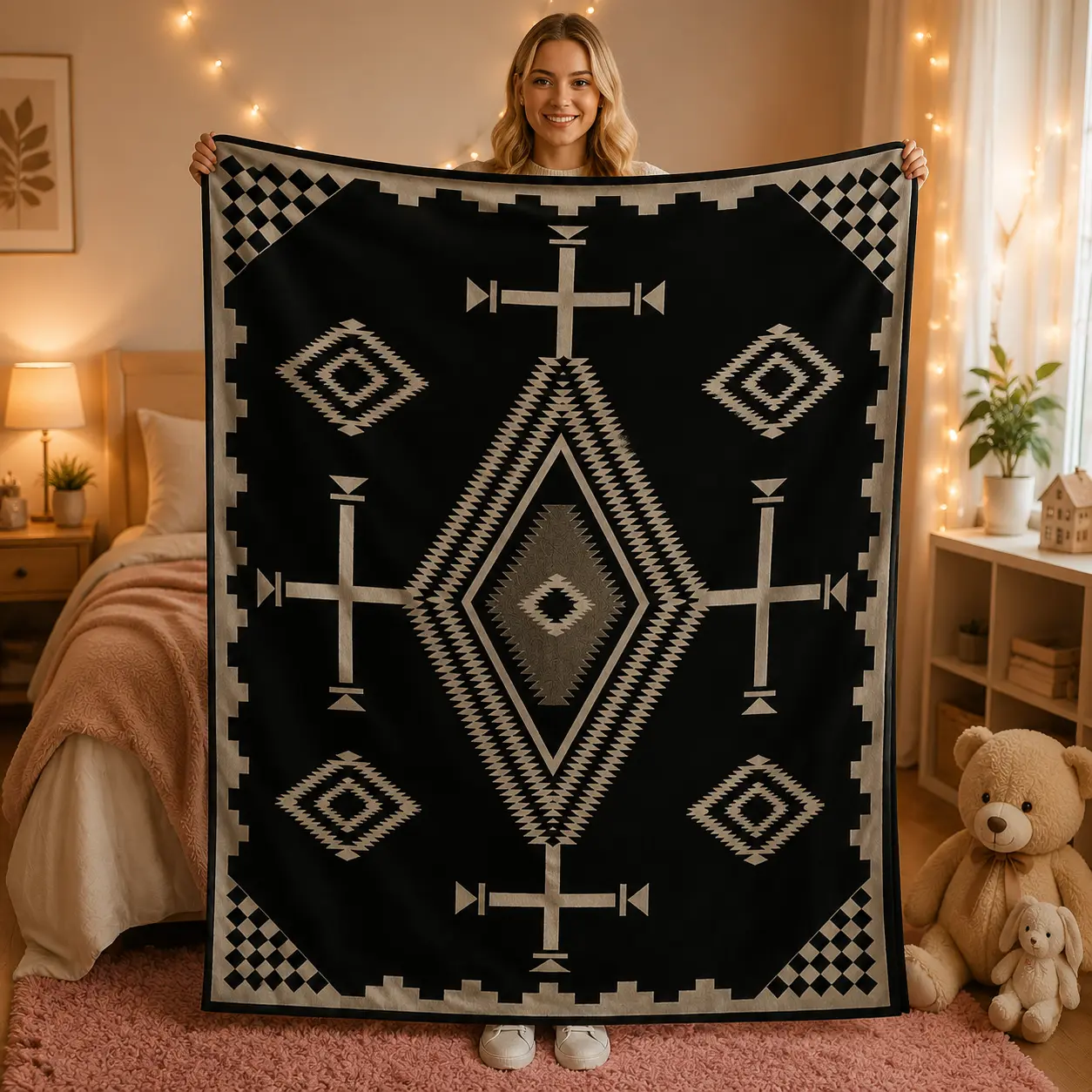 Pendleton Inspired Jacquard Flannel Blanket, Geometric Pattern Soft Throw Blanket, Cozy Warm Flannel Blanket for Bed Sofa Home Decor, Stylish Decorative Blanket for Bedroom Living Room, Luxury Comfort Blanket, Perfect Holiday Gift for Family and Home Love