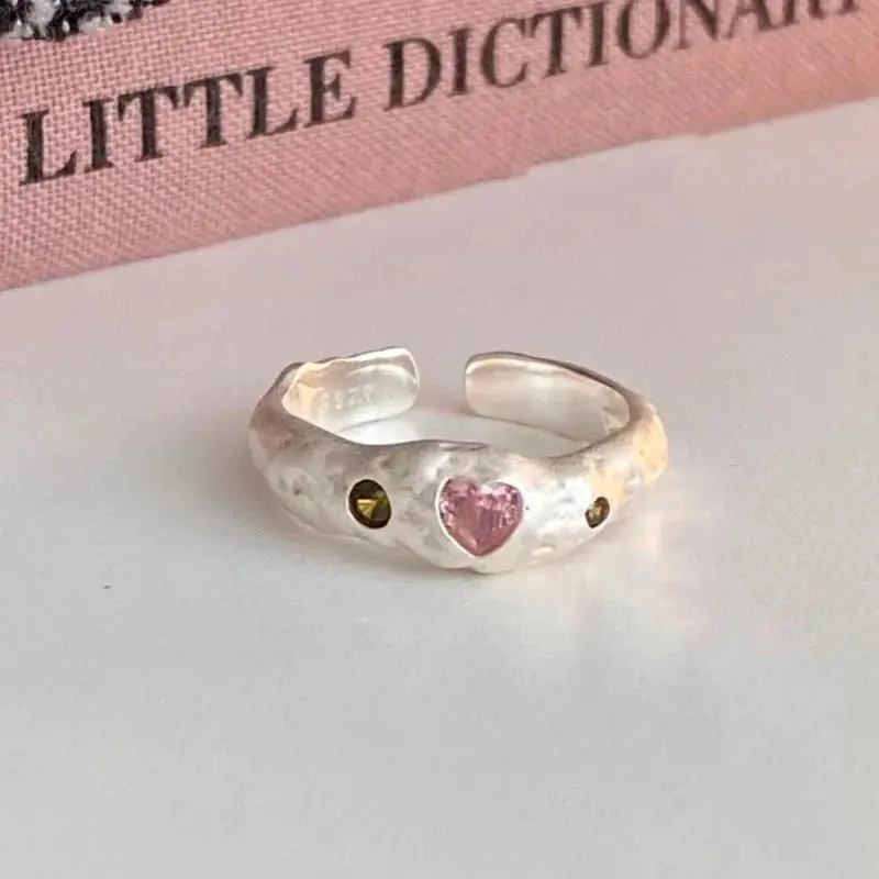 Women's Electroplate 925 Sterling Silver Blush Pink Heart Crystal Ring - Resizable, Irregular Texture, Korean Fashion Costume Jewelry, Non-Fading, Hypoallergenic, Exquisite Trendy Ring, 925 Rings