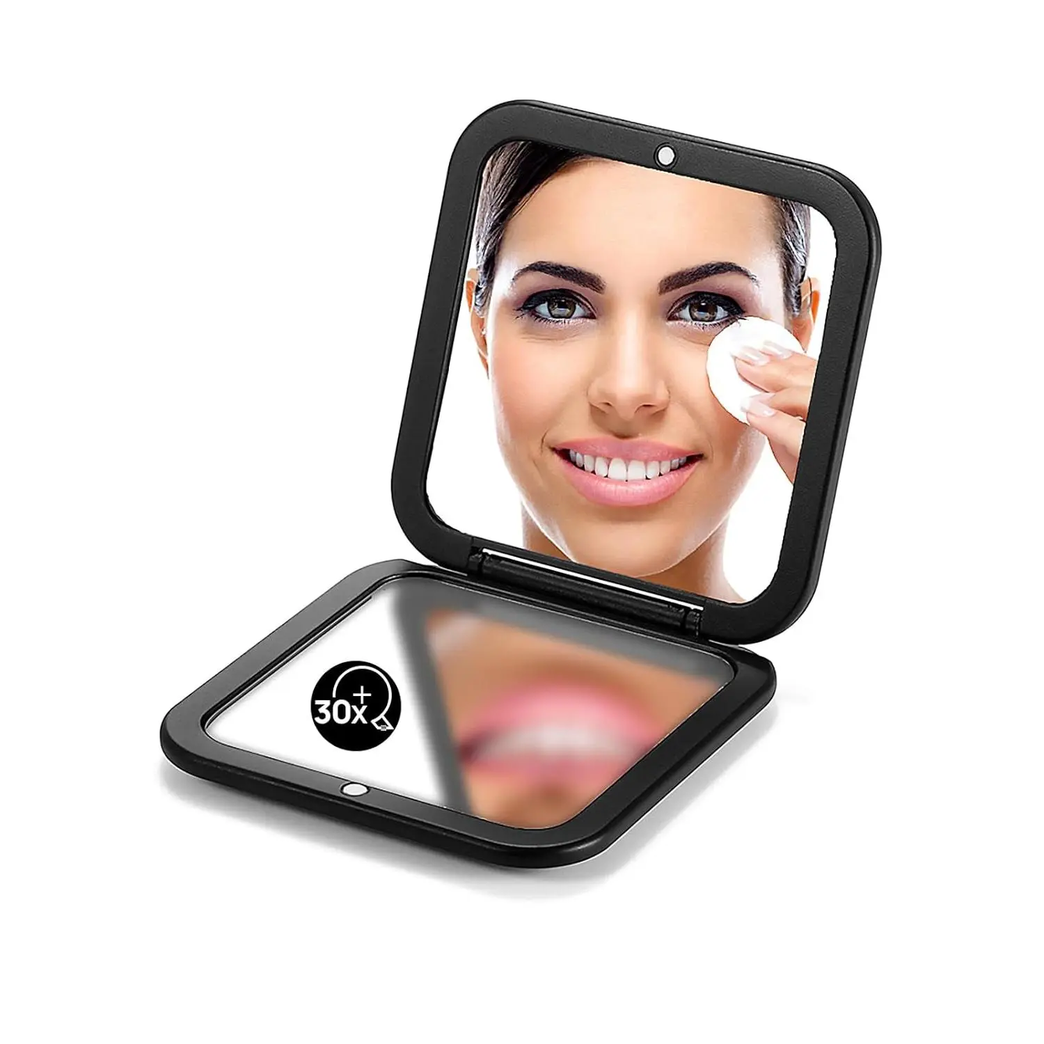 Folding Compact Mirror, 1X/30X Magnification 3½" Pocket Size Square Hand Mirror for Travel Makeup (Black)