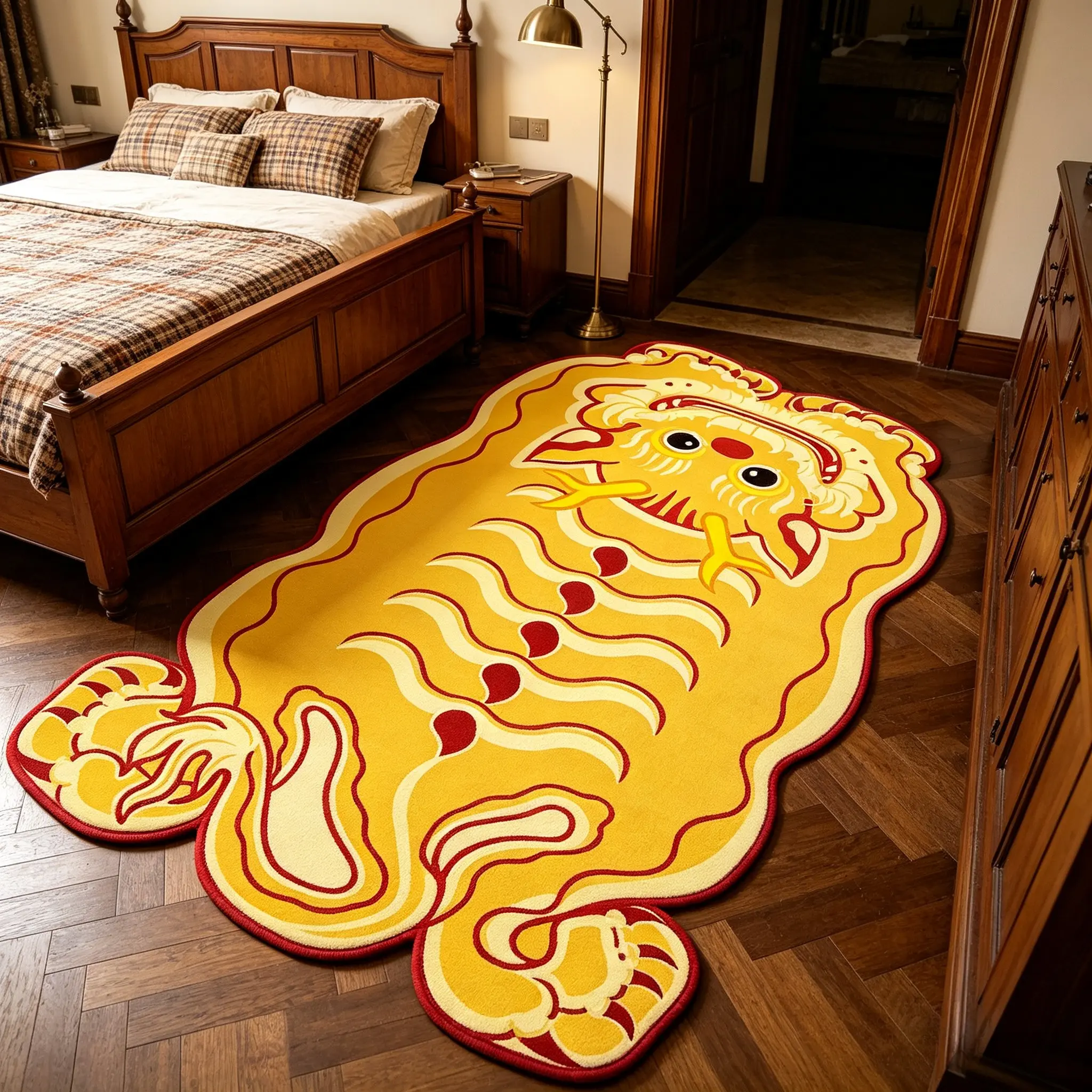 Cute Cartoon Dragon Print Living Room Rug, Retro Style Non-Slip Washable Carpet, Easy Clean Home Decor for Bedroom & Study