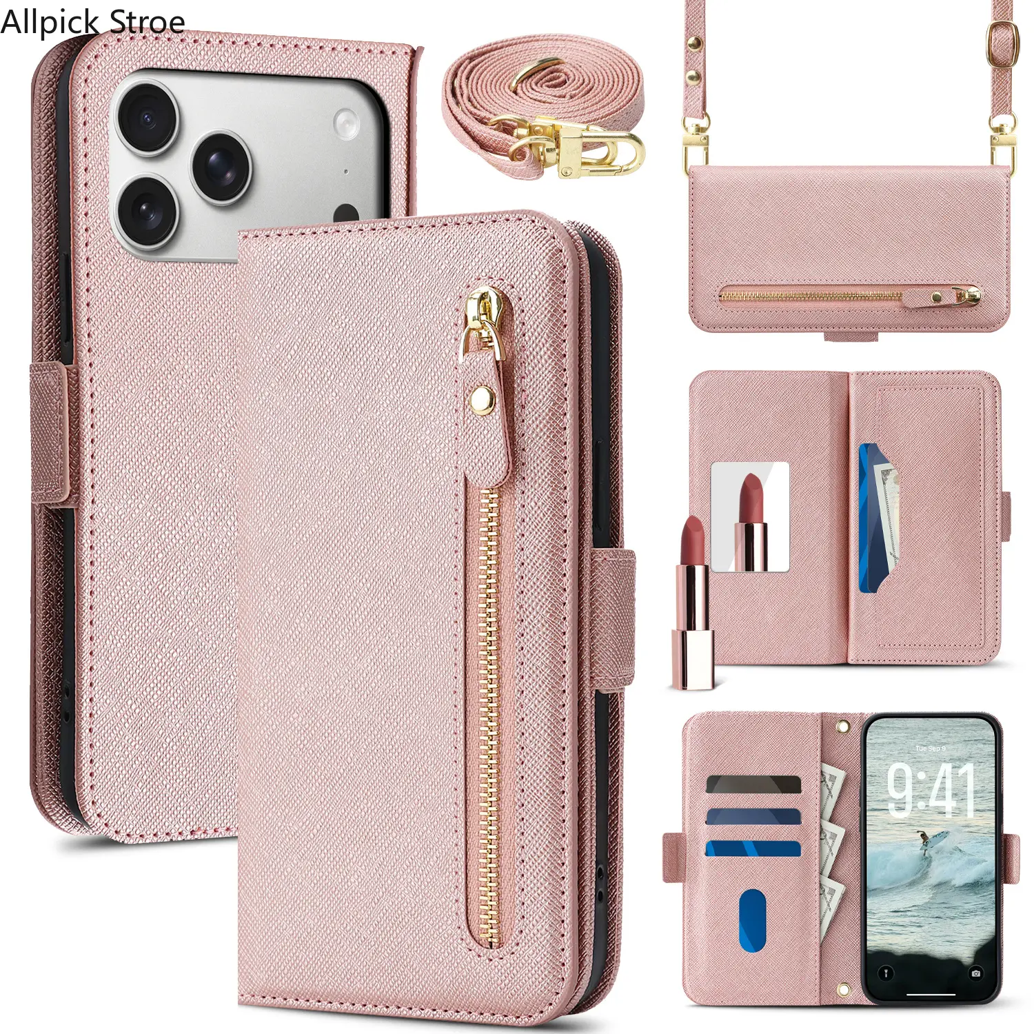iPhone Crossbody Leather Wallet Case - Magnetic Flip Cover with Card Slots, Zipper Pocket, Kickstand, Shockproof Design & Detachable Lanyard (Bag Accessory)