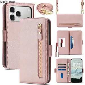 Crossbody Wallet Case for iPhone – Magnetic Flip Leather Cover with Card Slots, Zipper Pocket & Kickstand, Shockproof Phone Case with Detachable Lanyard
