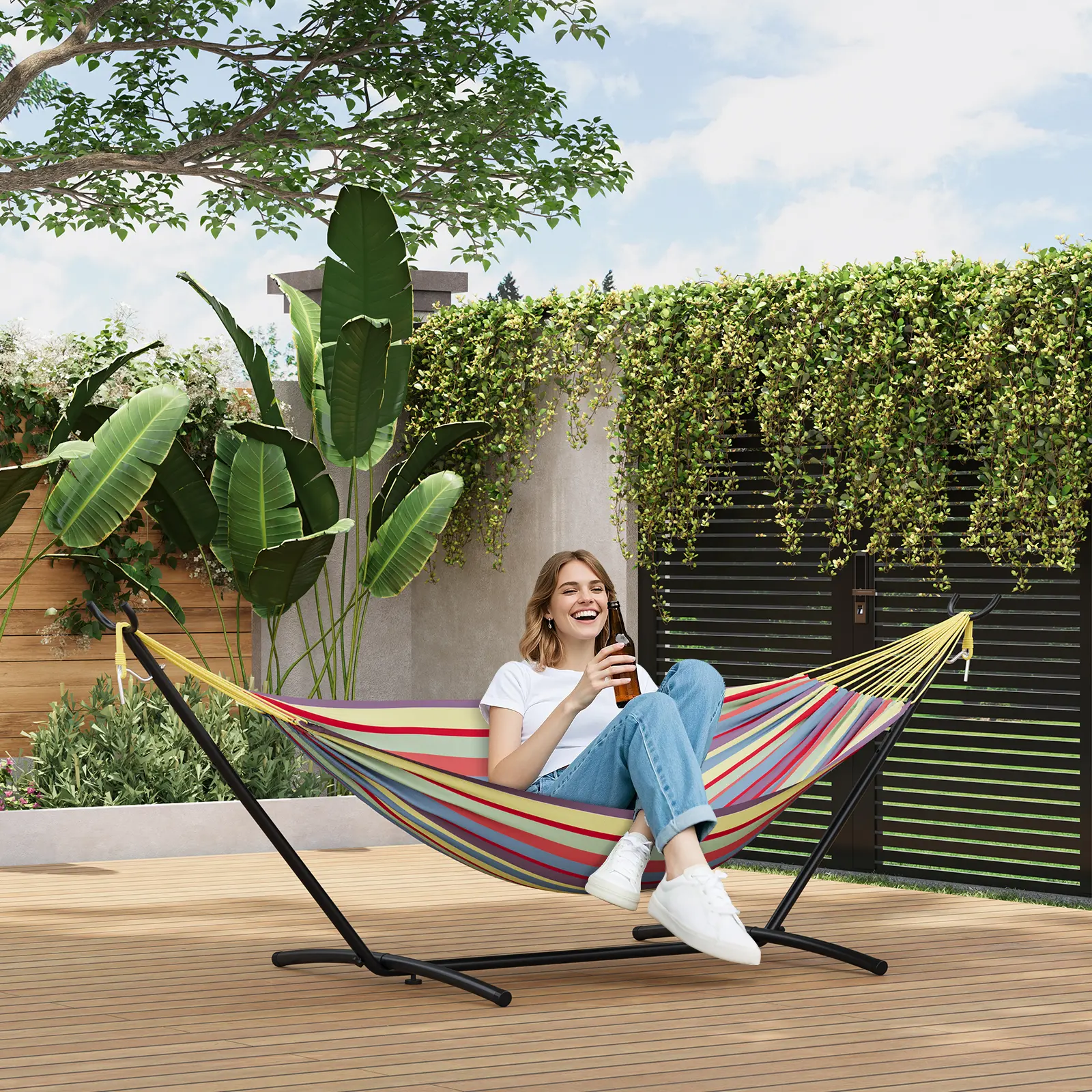 Garvee Double Hammock with Steel Stand, 2-Person Portable Indoor/Outdoor Hammock Set - Space-Saving Heavy-Duty Frame, Easy Assembly, Carrying Bag, 450 lb Capacity - Rainbow Stripes
