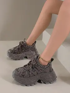Women's Thick Sole Sporty Bread Shoes, Rhinestone Sneaker, Rhinestone Effect, Irregular Texture, Low Top Lace-Up, Breathable, Waterproof, Shockproof, Party Street Style, Stylish Sneaker