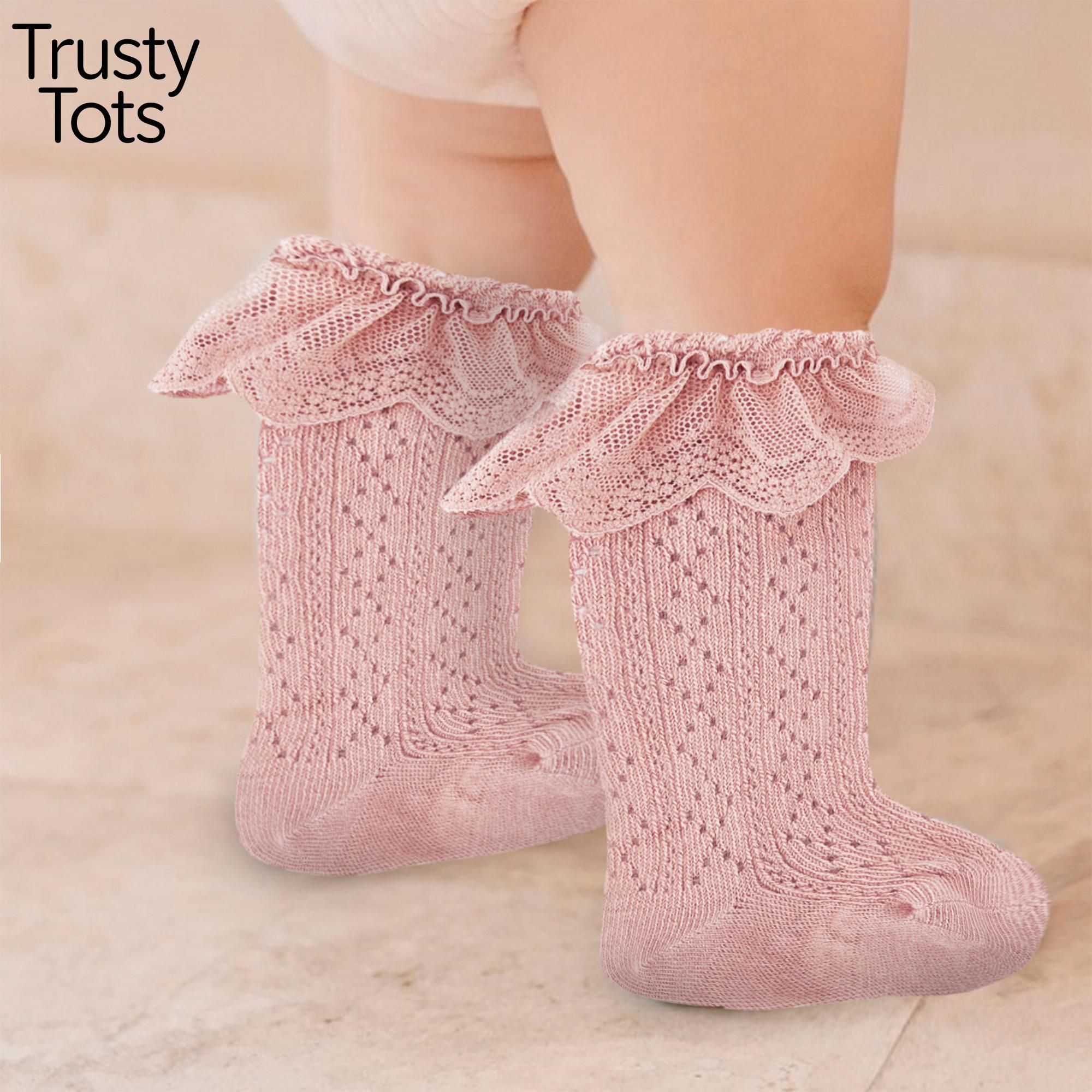 Trusty Tots  Toddler Girls Knee High Socks Summer Breathable Knit Lace Ruffle Princess Socks for Party, Wedding, Photography Unisex Earth Tone Knit Baby Stocking / Tights Baby Leggings