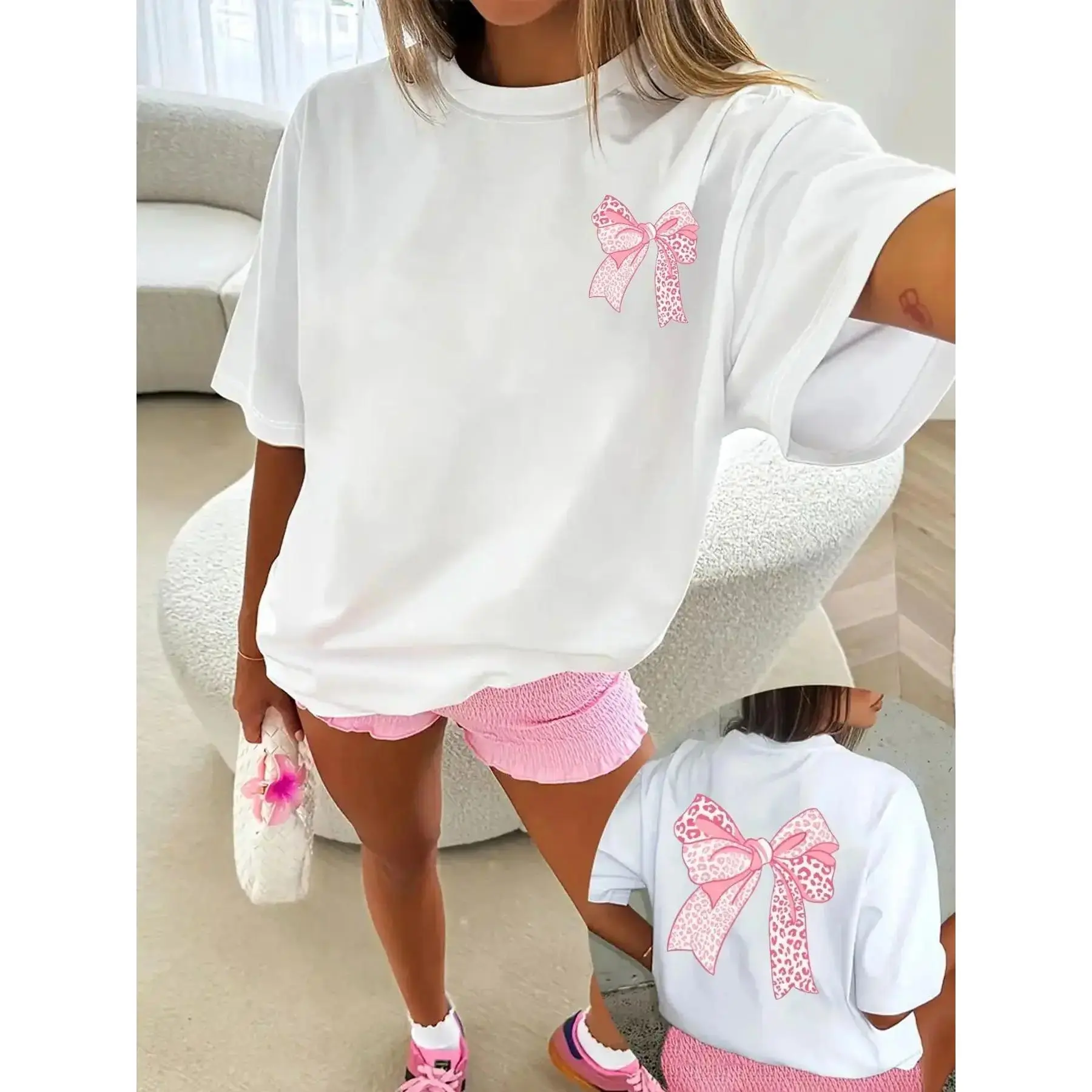 Womens Graphic Tee Leopard Bowknot Print Casual Knit Design Fitted T Shirt Streetwear Style Crewneck Short Sleeve Soft Breathable Slim Fit Daily Wear Summer Outfit Trendy Aesthetic Fashion Gift Top