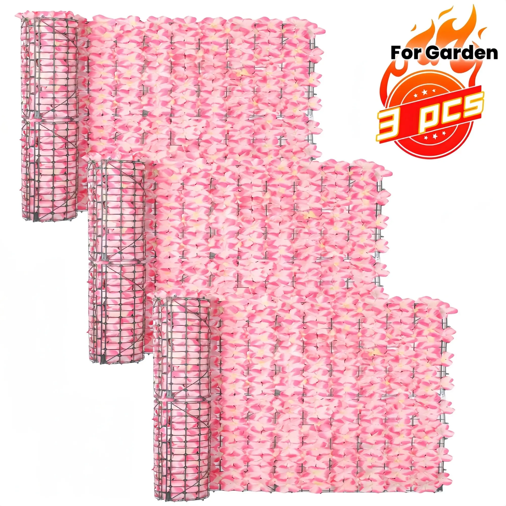 3 Rolls Artificial Fence with Fake Leaves, 50x100cm Plastic Plants, Outdoor Garden Decor, Wedding Party Background, High-Realism Cherry Blossom