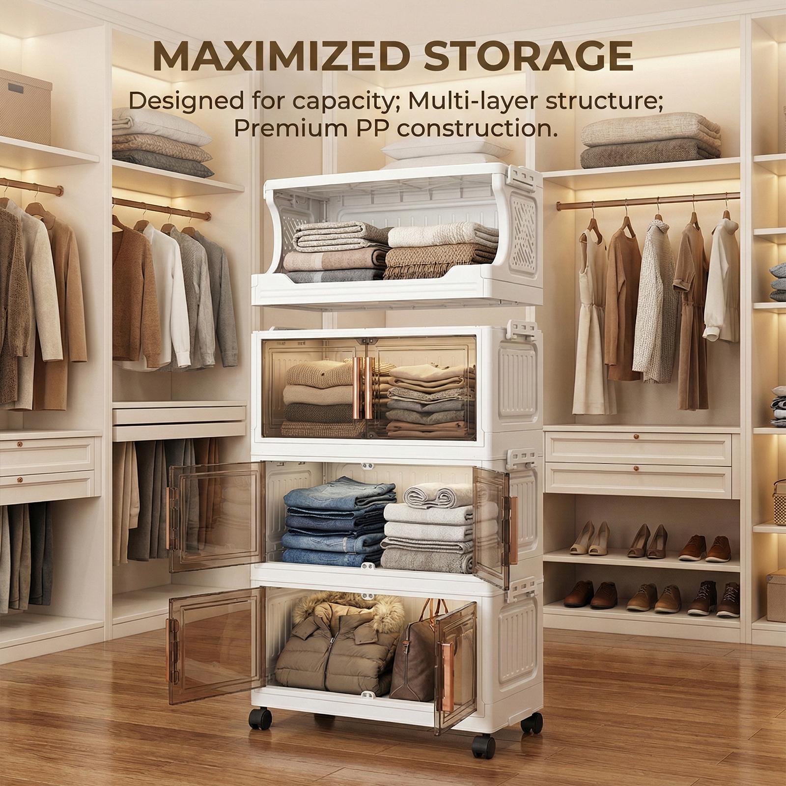 3 Tier Stackable Plastic Storage Bins with Doors and Wheels 42cm Foldable Plastic Storage Container Large Capacity for Craft Home Pantry DormTransparent