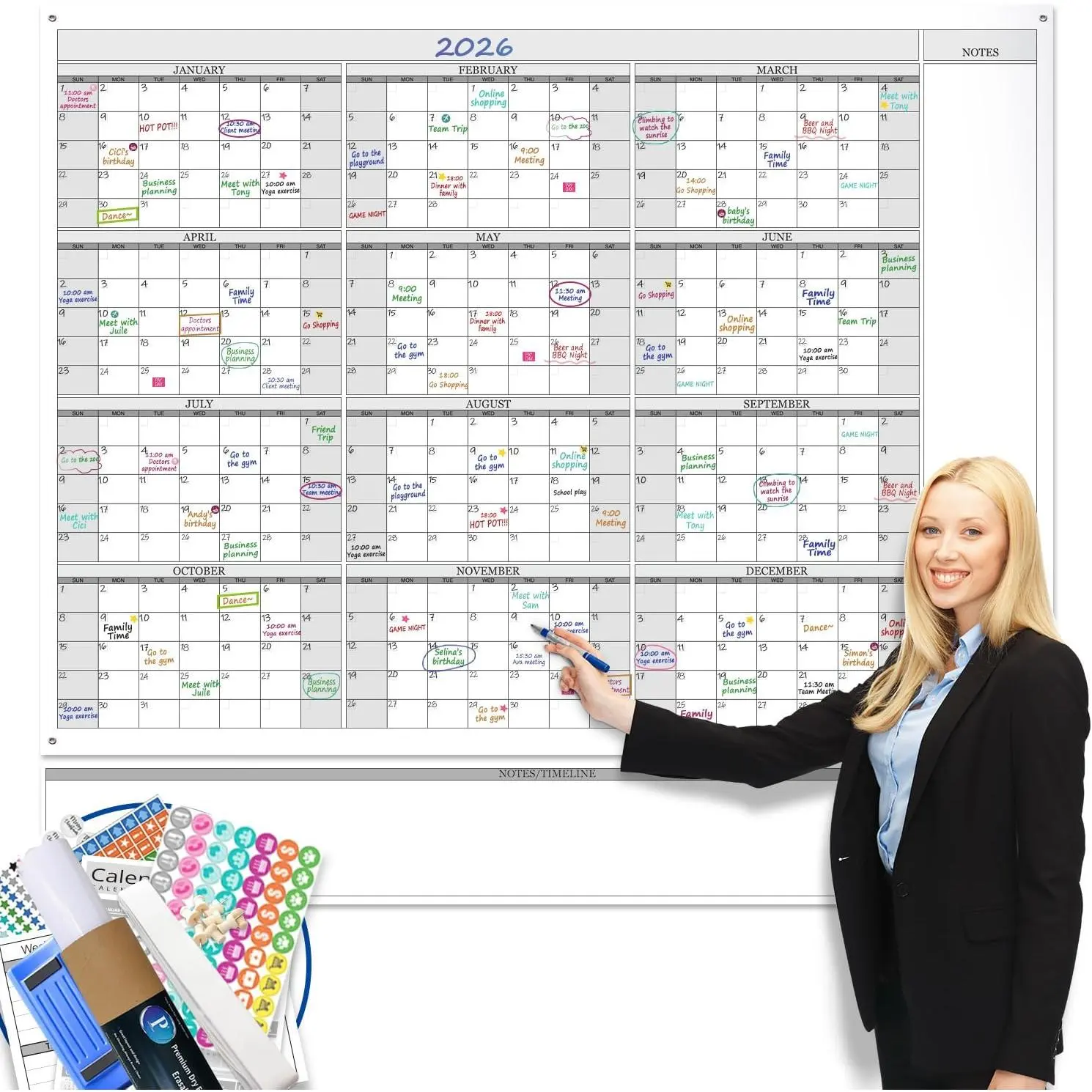Dry Erase Yearly Whiteboard Wall Calendar, 46" x 63", Huge 12 Month Laminated Erasable White Board, Giant Annual Family Schedule Planner, Large Undated  Year Poster