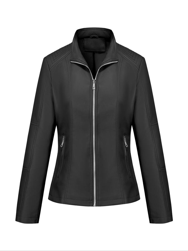 Women's PU Leather Motorcycle Jacket, Casual Fitted Design, All-Season Wear, Perfect for Commuting & Street Style