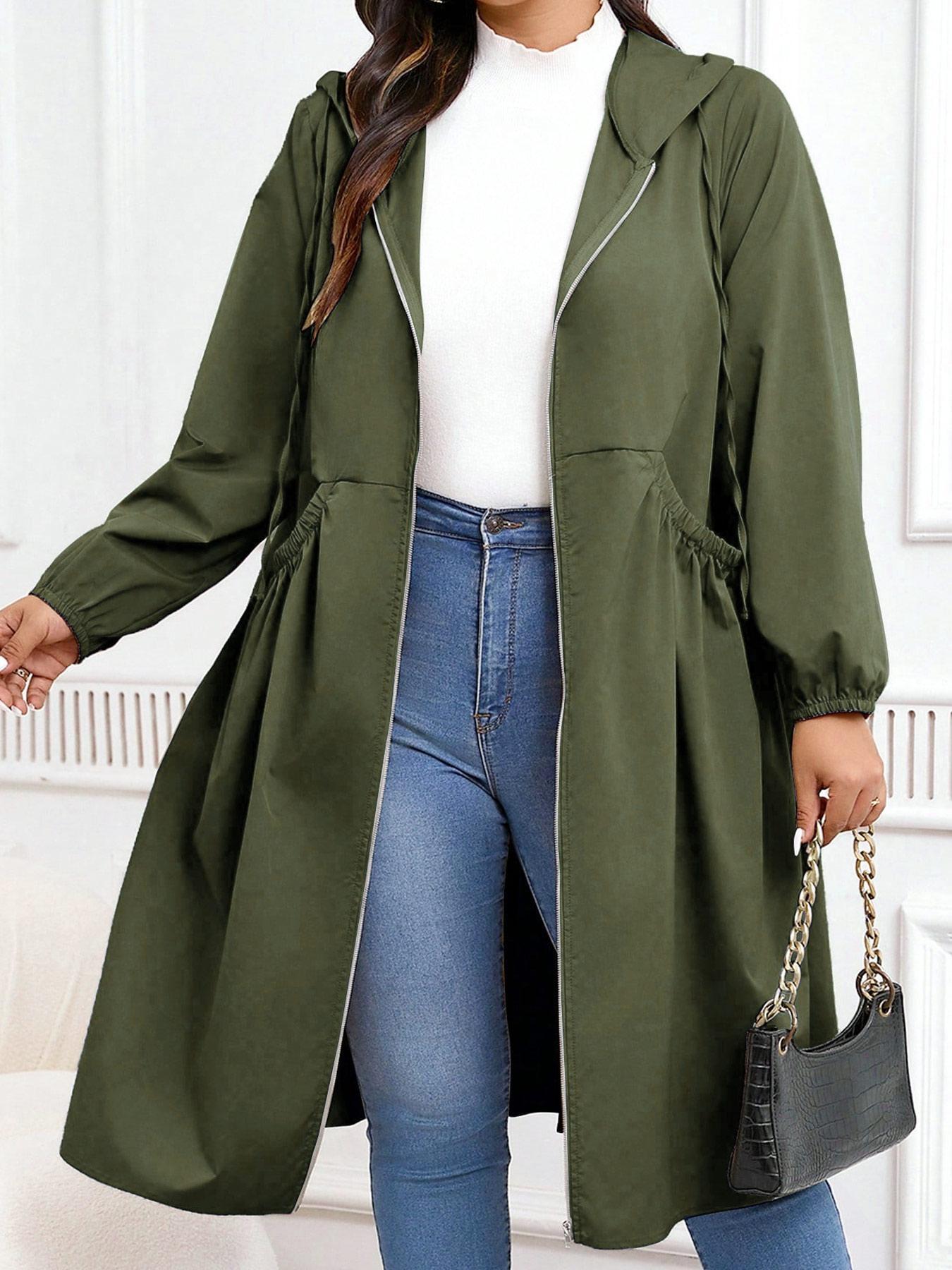 Plus Size Solid Drawstring Zip Up Hooded Coat, Casual Long Sleeve Pocket Outerwear for Fall & Winter, Women's Clothes for Daily Wear
