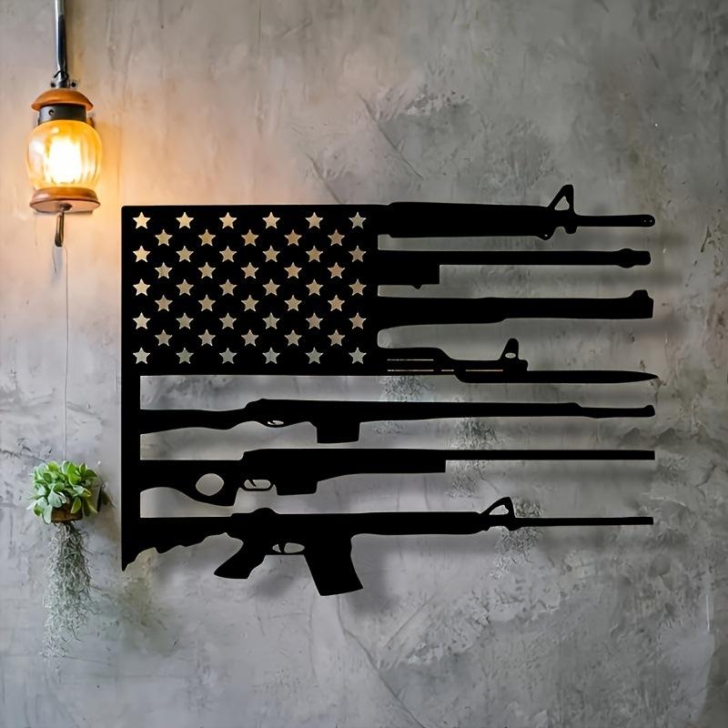 American Flag and Rifle Metal Wall Art — A patriotic-style wall decoration featuring a design of the national flag and a rifle. It makes an ideal gift for celebrating Independence Day or Veterans Day, or for anyone who loves patriotic-themed decor.