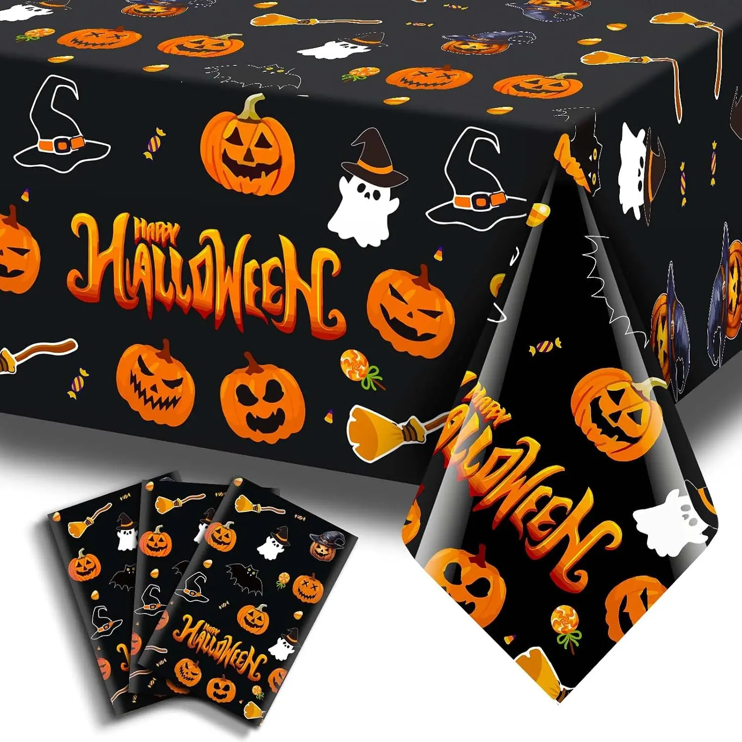 3 Pack Halloween Tablecloth Rectangle 54" x 108" Plastic Table Cloth Disposable Black Camping Table Cover Decorations Cute Pumpkin  Scary Spooky Indoor Outdoor  Birthday Party Supplies