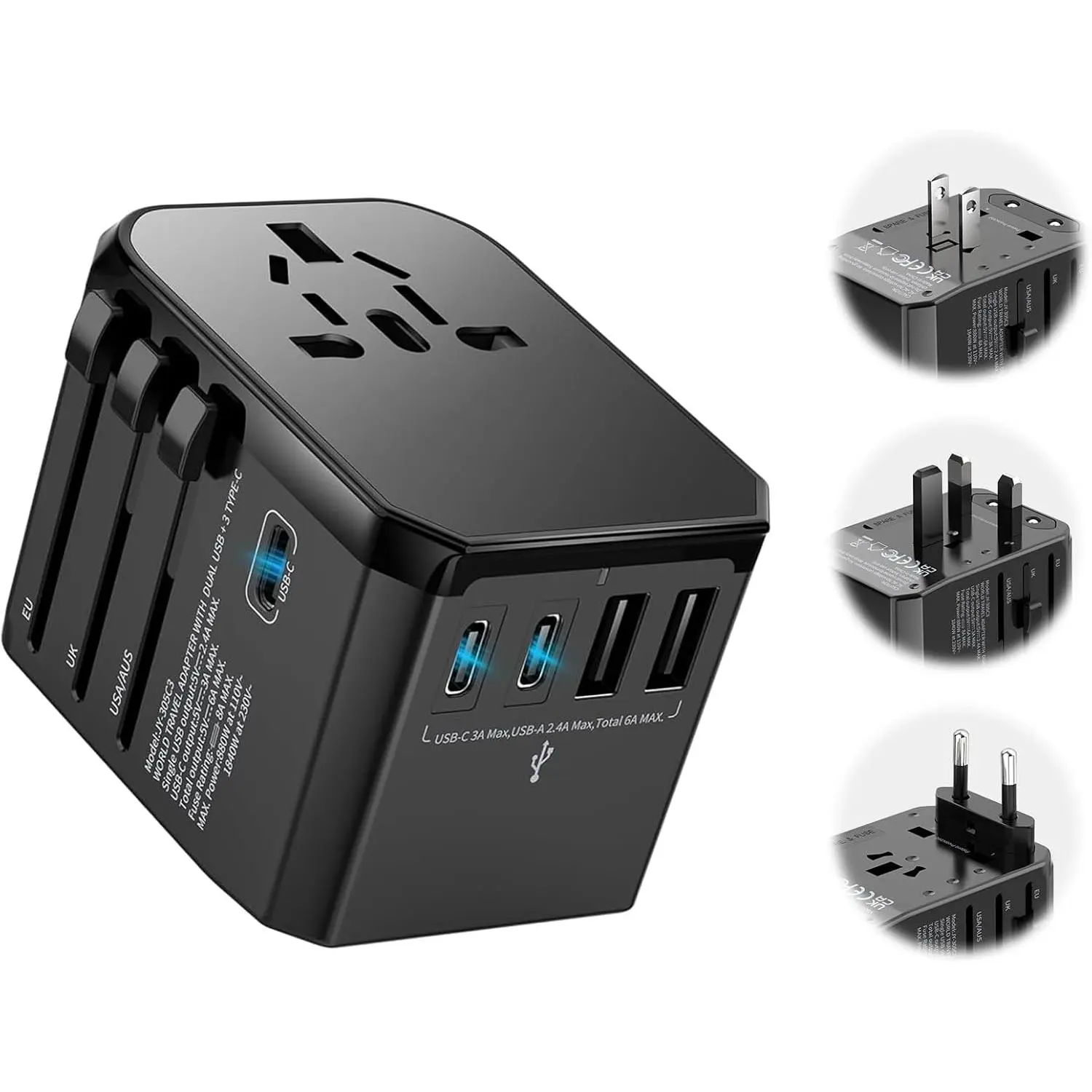 Travel Adapter International Plug - European Travel Plug Adapter Worldwide  AUS EU UK Spain  Ireland  - -in- Travel Outlet Power Adapter with 3 USB C 2 USB A