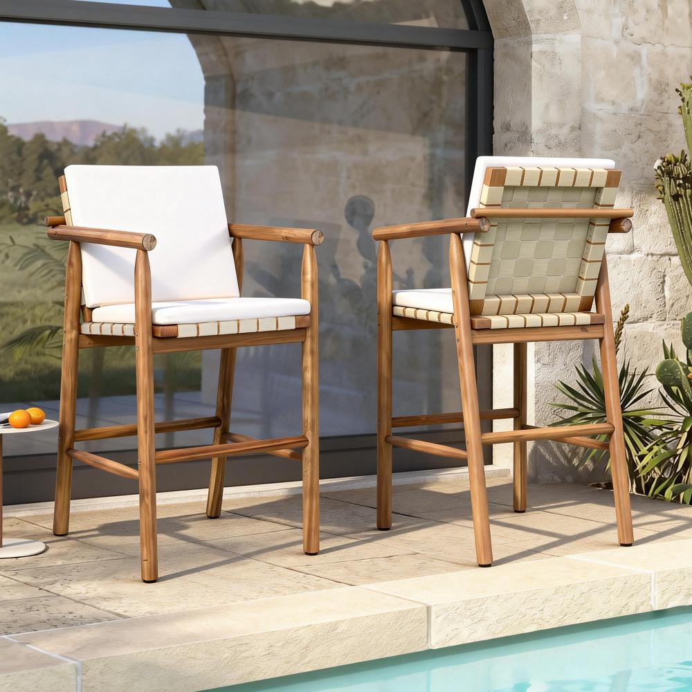 3 Piece Outdoor Bar Set, bistro Patio Acacia Wood Bar Height Table & 2 Stools with Cushions, Wood Dining Bar Set for Backyard, Poolside, Balcony, Beige Cushions