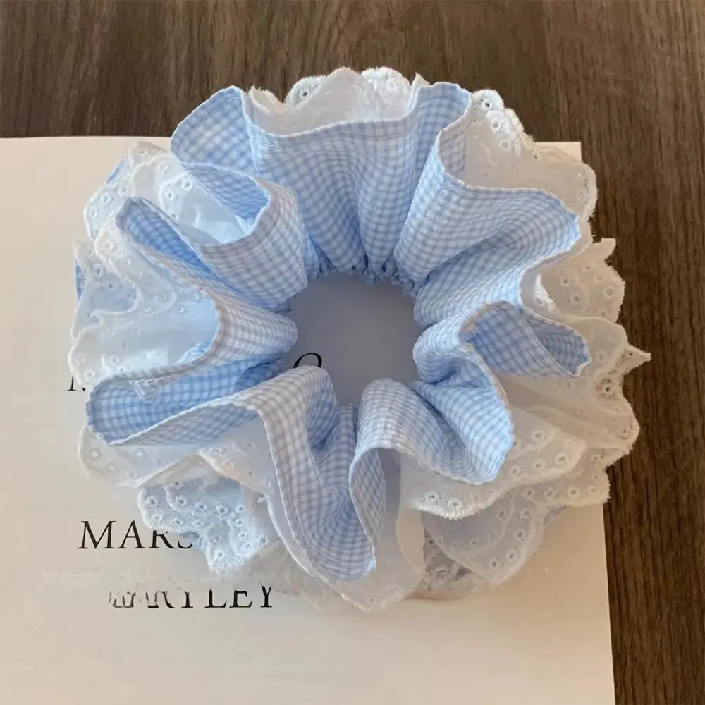 Blue French-Style Four-Layer Lace Scrunchie for Women, Elegant Y2K Soft Hair Tie, Fashionable Daily Hair Accessory, Romantic Vintage Lace Ponytail Holder, Chic Elastic Hair Band for Commuting, School, Travel & Casual Wear, Lightweight Stylish Hair Ornamen