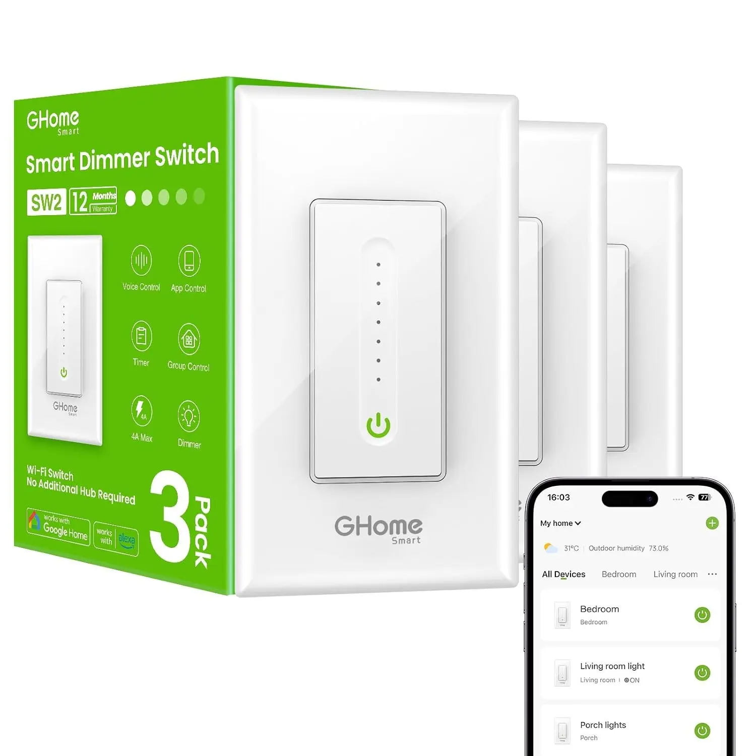 Smart Dimmer Switch, Single Pole, 2.4GHz WiFi Dimmer Light Switch Works with Alexa and Google Home, Voice & APP Remote Control | Timer & Schedule | UL FCC Certified, Neutral Wire Required, 3 PCS
