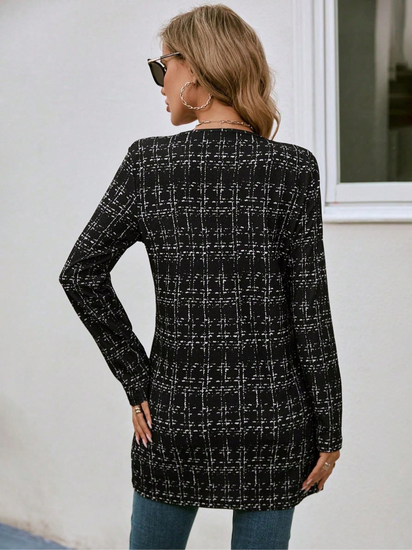 Women's Mid-Length Plaid Coat, Casual Fashion Outerwear, Long Sleeve Button Front Jacket, Fall & Winter Clothing, Ladies' Stylish Overcoat, Tops
