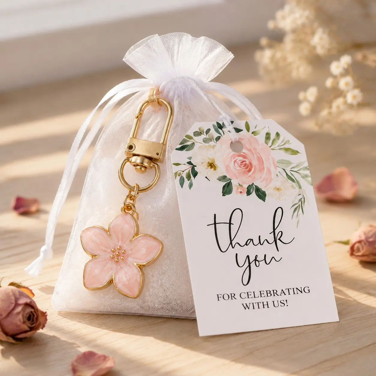 12pcs Cherry Blossom Keychain Kits, Cute Keychain, Elegant Floral Guest Return Gifts, Organza Pouches & Thank You Cards, Wedding Party Favors