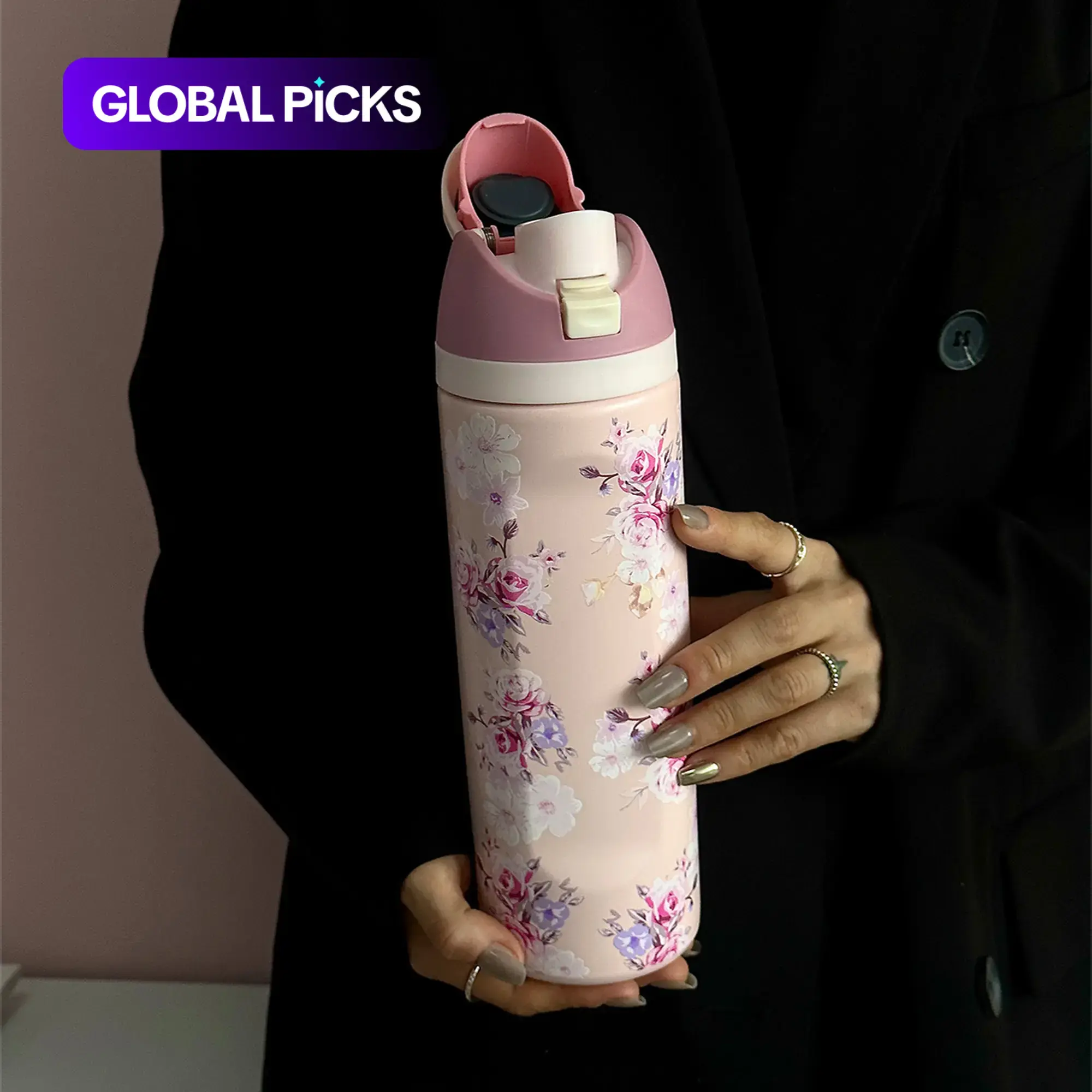 Floral Pattern Stainless Steel Vacuum Flask, 1-Piece Portable Insulated Coffee Tumbler Water Bottle with Straw and Lid, Insulated Water Bottles, Tumbler Cup for Home, School and Outdoor Camping Travel Drinkware #GLOBAL PICKS