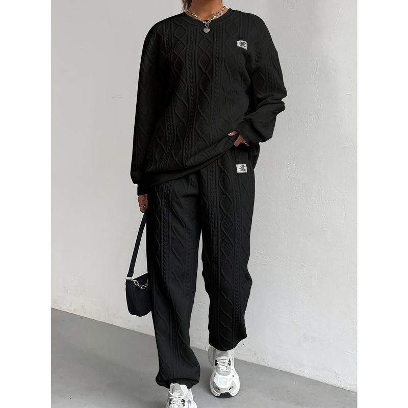 2025Women's Cozy Textured Pants Set - Soft Long Sleeve Crew Neck Sweatshirt, Comfortable Jogger Sweatpants Outfit, Casual Wear Daily Life, Suits Chic Womenswear Clothes Polyester2025
