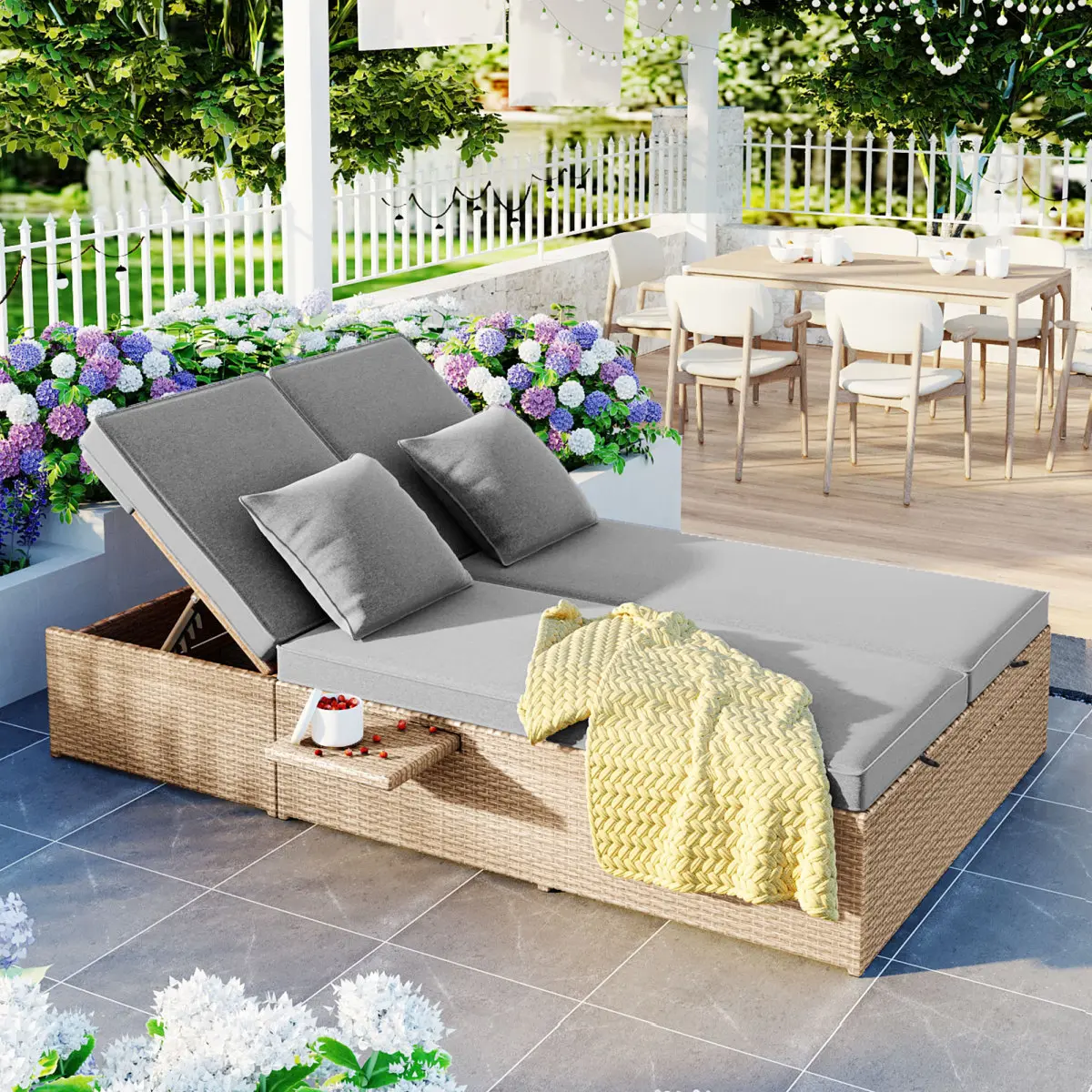 Outdoor Double Chaise Lounge Sunbed, Wicker Rattan Patio Reclining Chairs with Adjustable Backrest and Seat, Conversational Set for 2 Person, Brown