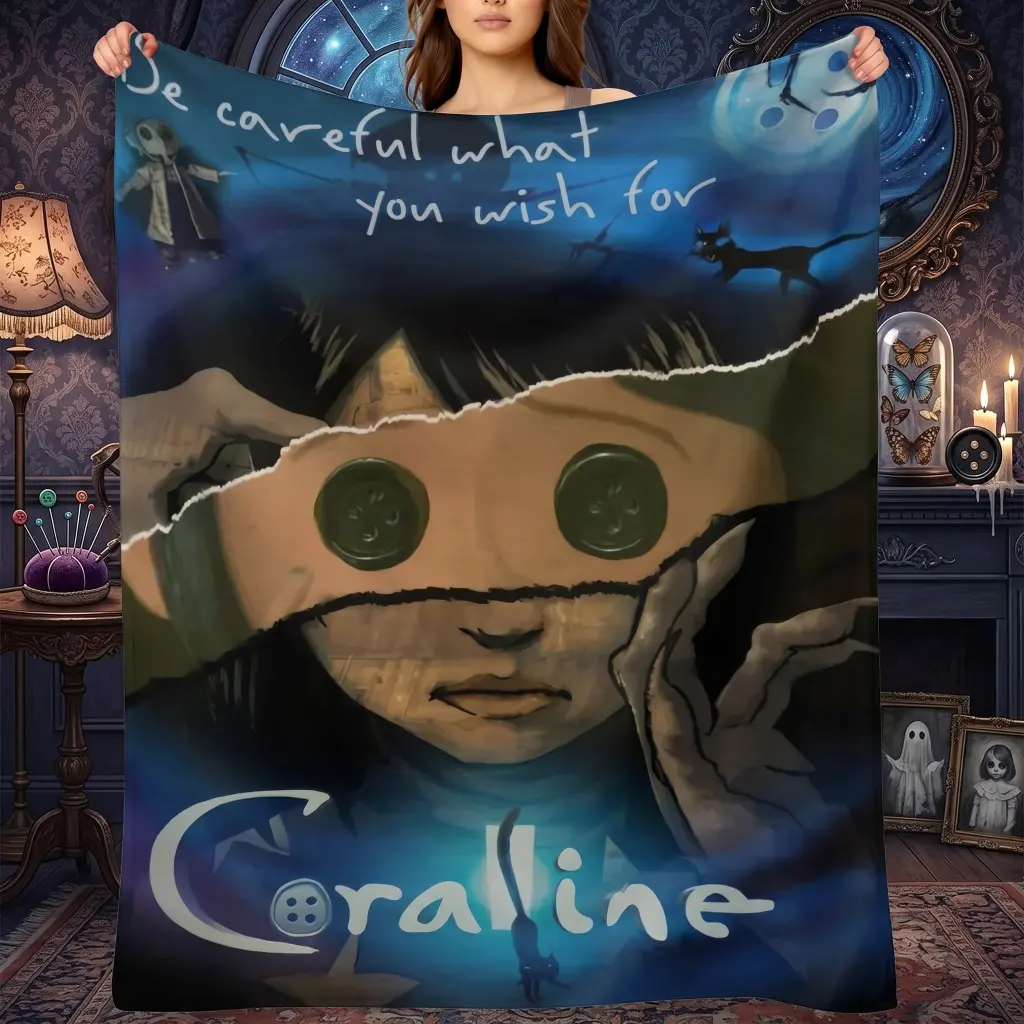 Coraline Button Eyes Horror Flannel Blanket, Spooky Movie Quote Throw for Bedroom Living Room Kids Adults Decor Gift, Horror Lover Gifts, Coraline Blankets, Character-Themed Graphic Blankets