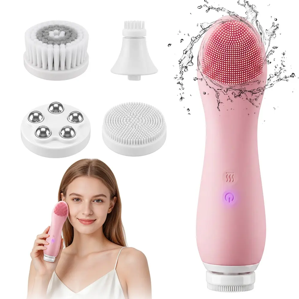 Electric Rotating Facial Cleansing Brush, Thermal Massage, Exfoliating Brush, 2 Heat Settings, 3 Intensity Levels, Face Cleaning Device, Skin Care Tool with 4 Cleanser Heads