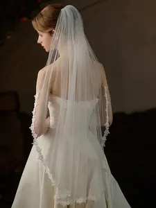 100cm Ivory Tulle Wedding Veil with Lace Trim, "Golden Time Castle" Vintage-Style Bridal Veil, Dreamy Wedding Accessory, Trailing Veil, Perfect for European-Style Bridal Portraits