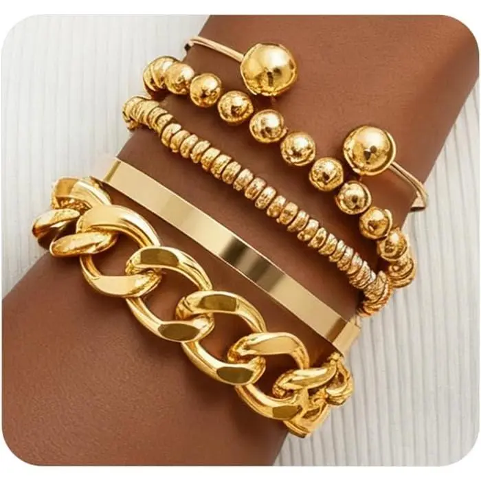 Chunky  Stackable Bangle Bracelets for Women,Punk Thick  Beaded Ball Chain Bracelet Set, Hop Trendy Wrist