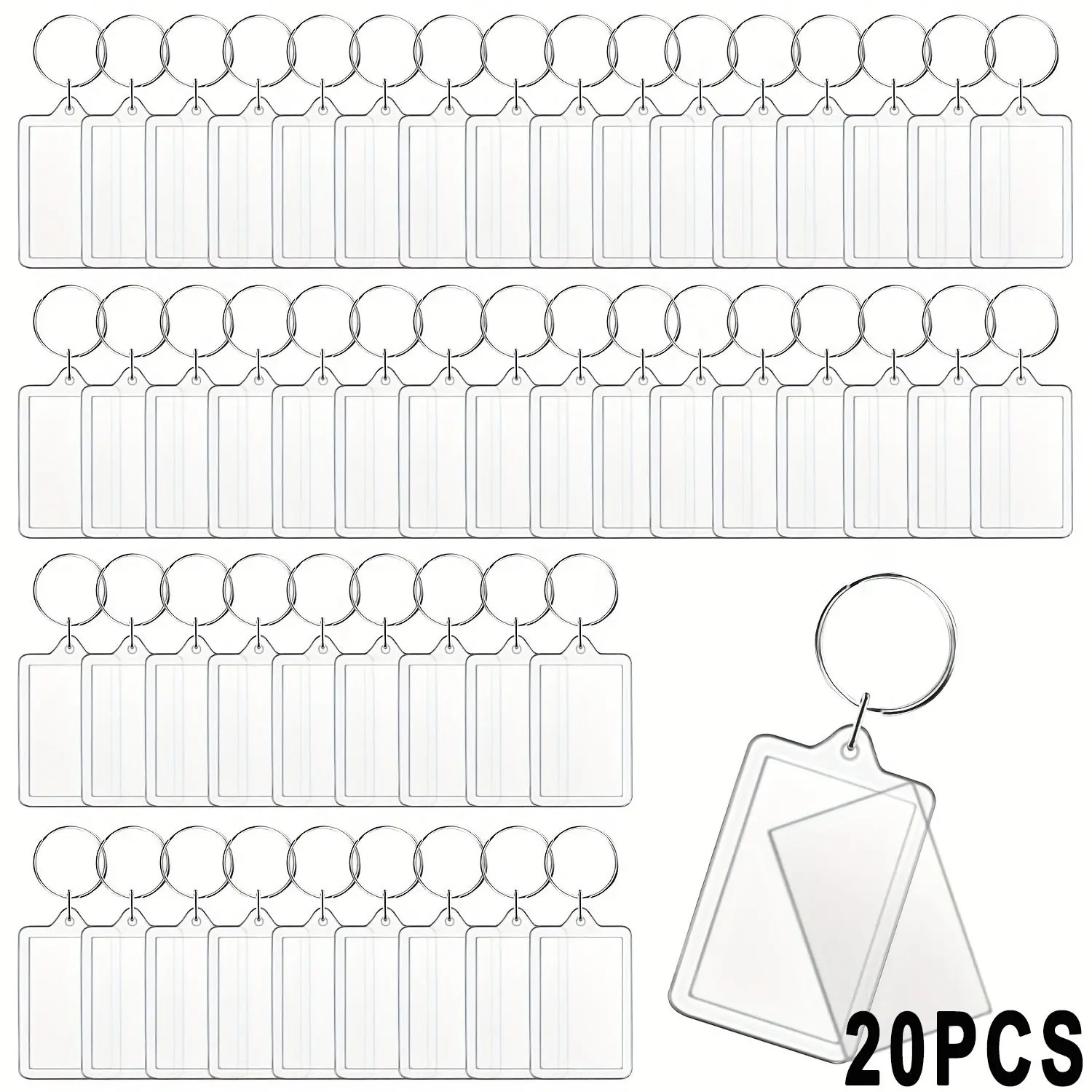 20PCS Acrylic Photo Frame Keychain, Transparent Blank Keychain for Inserting Photos, Rectangular Photo Frame Key Ring, Unisex DIY Craft Accessory, Acrylic Keychain Blanks