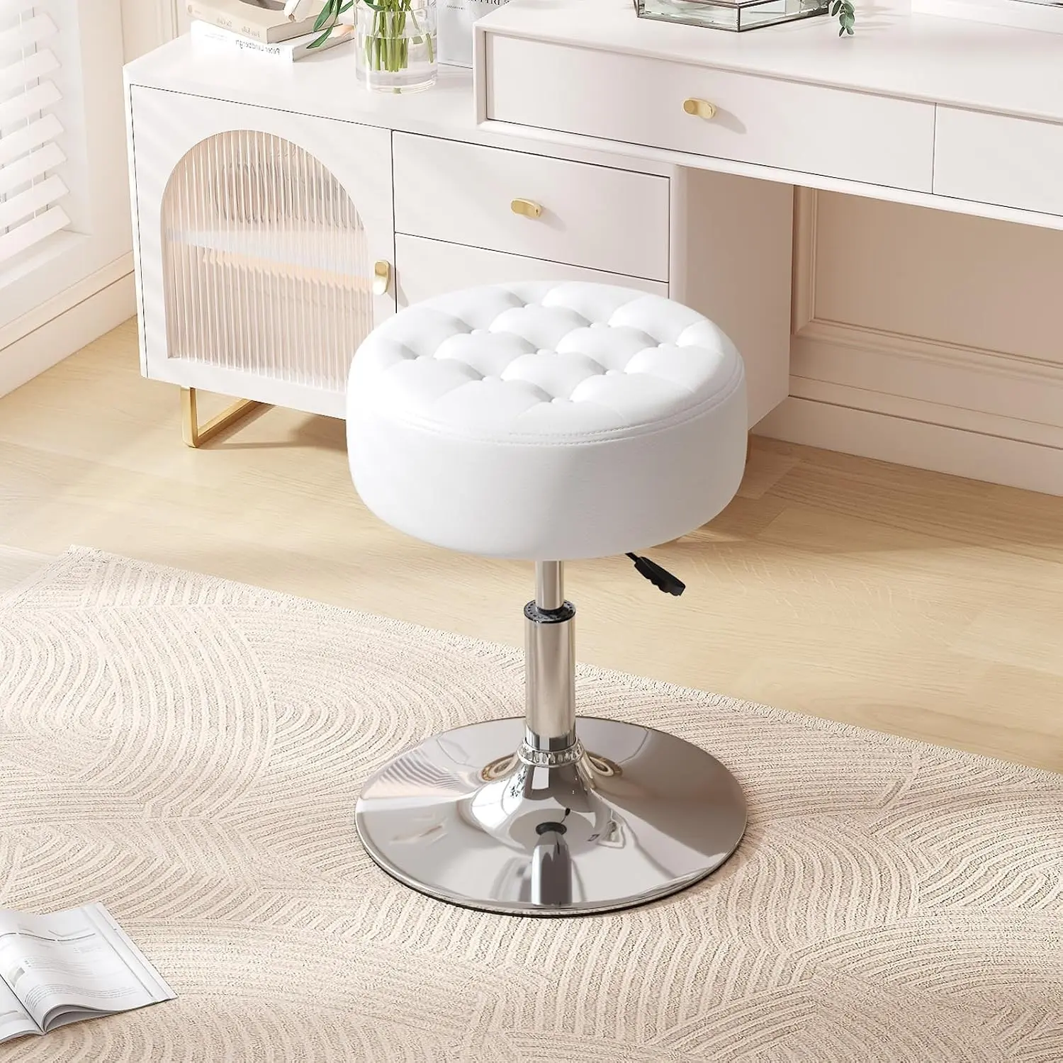 Mid-Century Tufted Adjustable Swivel Makeup Ottoman Stool; Modern Big Size Round Vanity Stool Chair for Bedroom Living Room (White)
