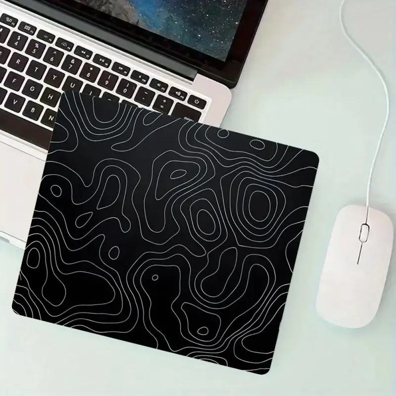 Minimalist Black Topographic Contour Small Square Rubber Gaming Mousepad - Stitched Lockedge, Anti-Slip Base, Unisex Aesthetic Desk Accessories Desk Mat for Gamers, Home Office Decor