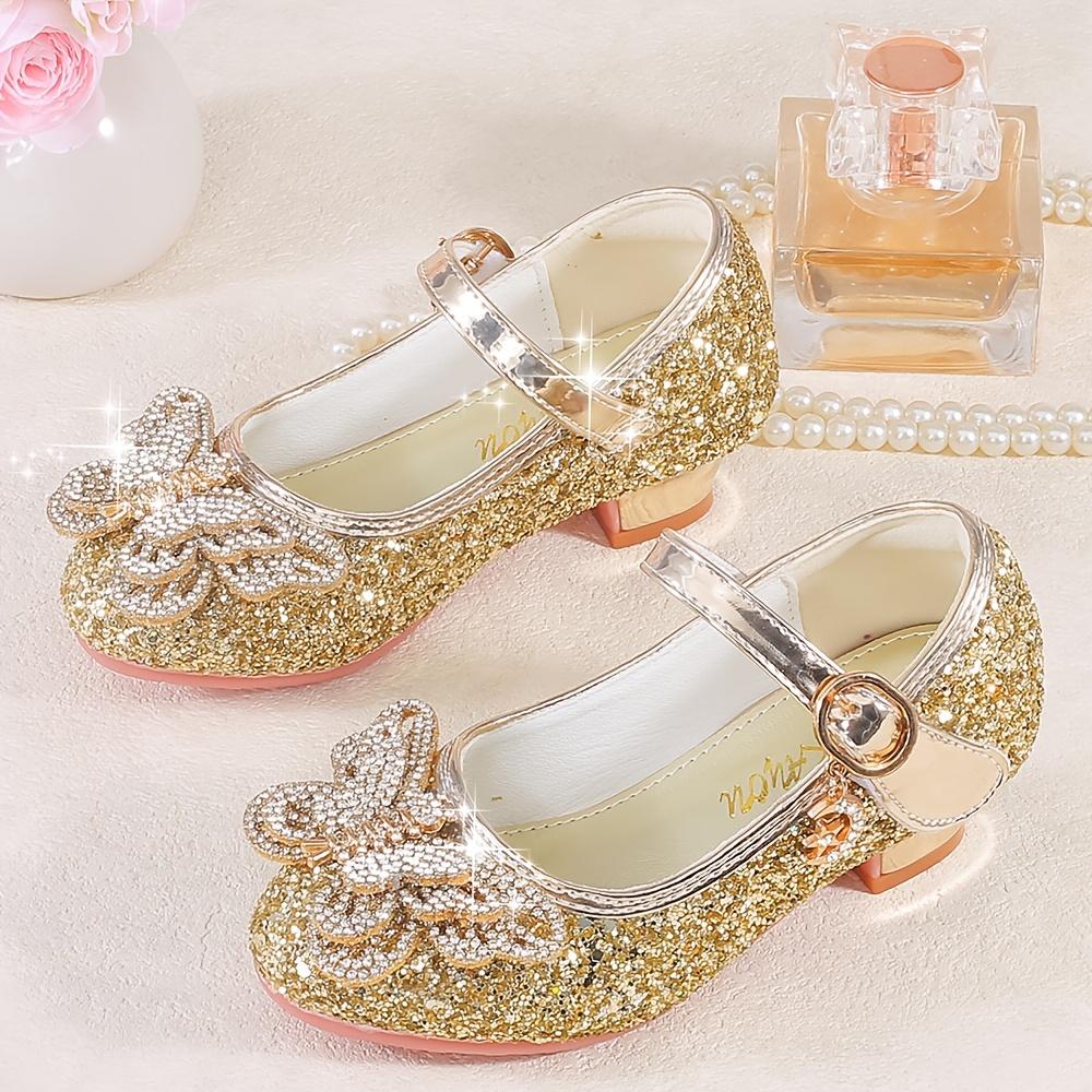Girls' Princess Shoes with Rhinestone Flowers, New Autumn/Spring High Heel Golden Crystal Flat Shoes Children's Dress, Wedding, Banquet, Performance Princess Dress Shoes