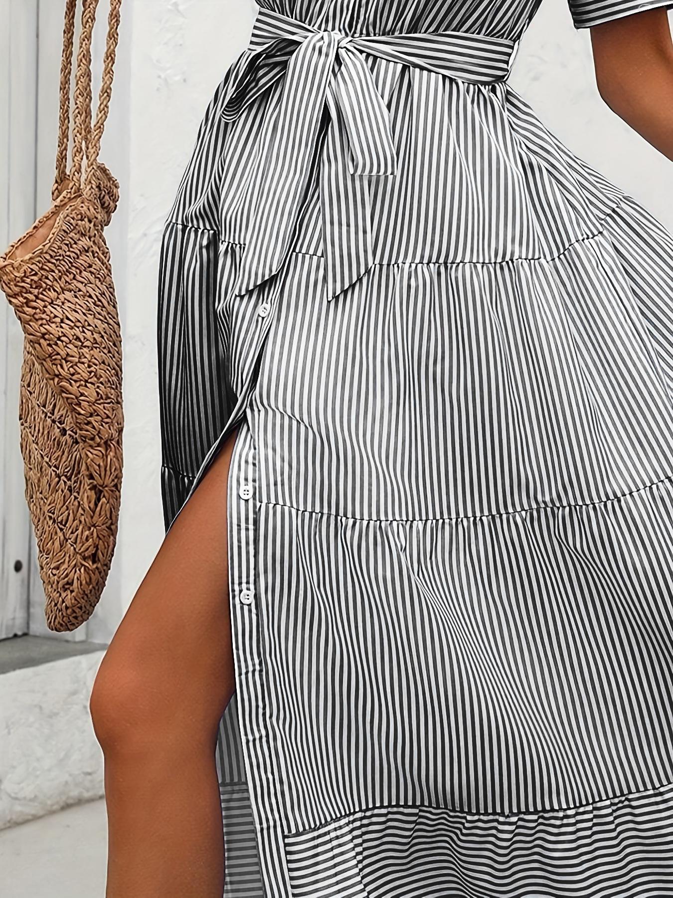 Women's Striped Print Belted, Elegant Casual  Long Dress for Summer, Women's Clothing for Daily Wear, Classy Modest Dresses