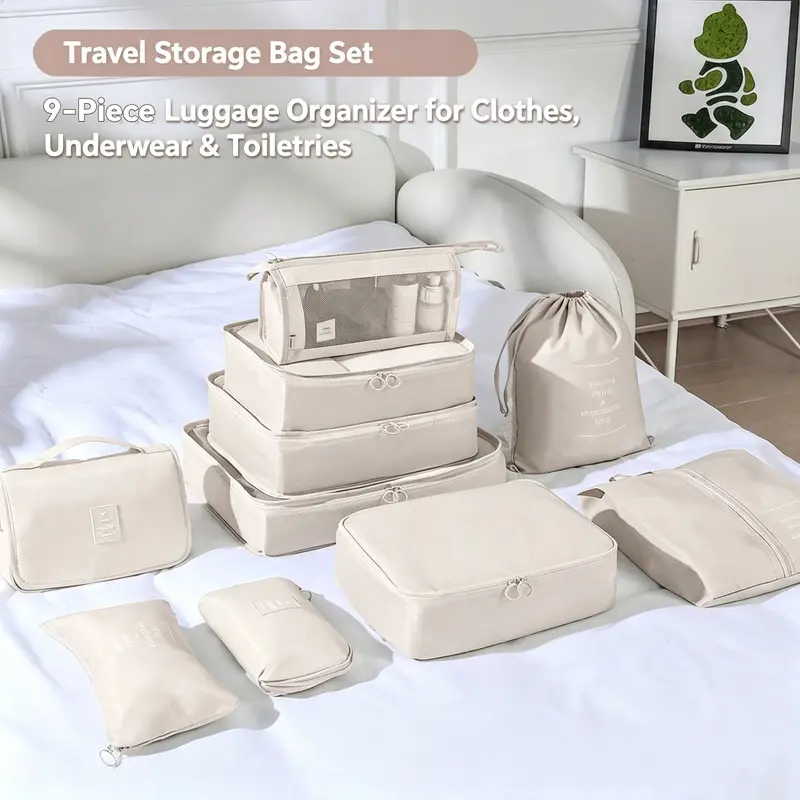 9‑Pack Travel Packing Cubes Set, Oxford Cloth Luggage Organizer Bags, Large‑Capacity Handheld Storage Pouches for Suitcase, Divider Bags for Clothes, Underwear and Shoes for Travel & Home Use