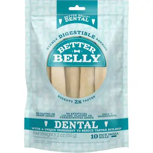 Better Belly Highly Digestible Rawhide Dental Chews, Treat Your Dog to a Chew with NO Artificial Colors or Flavors, 10 Count