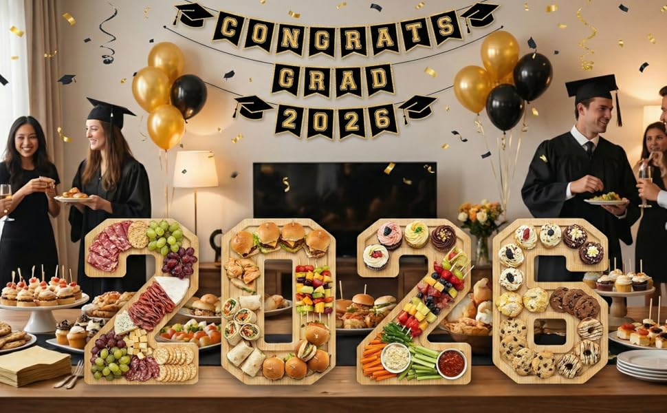 4PCS Wooden Graduation Decorations Number Charcuterie Board Box-(with 14 Balloons) 2026 Charcuterie Numbers Fillable Food Graduation Party Supplies