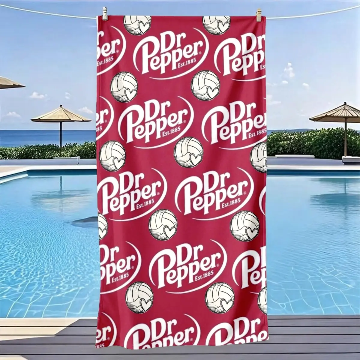 Vintage Dr Pepper Soda Volleyball Heart Theme Beach Towel, Quick Dry Ultra Soft Polyester Fiber, Multi-Purpose Yoga Travel Swim Camping, Quick Drying Towel