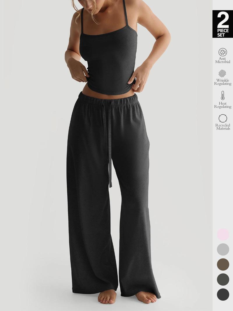 Women's Fall 2-Piece Set, Athleisure Wear Set, Sleeveless Top & Wide-Leg Pants, Casual Comfortable Sportswear with Pockets, All Seasons Fitted