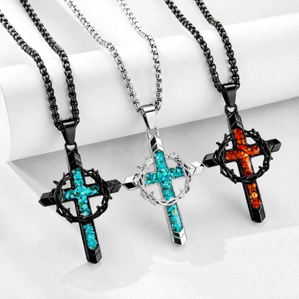 Cross Turquoise Necklace, Stainless Steel Thorns Cross Pendant Necklace ,Religious Christian Jewelry Gifts for Women Men