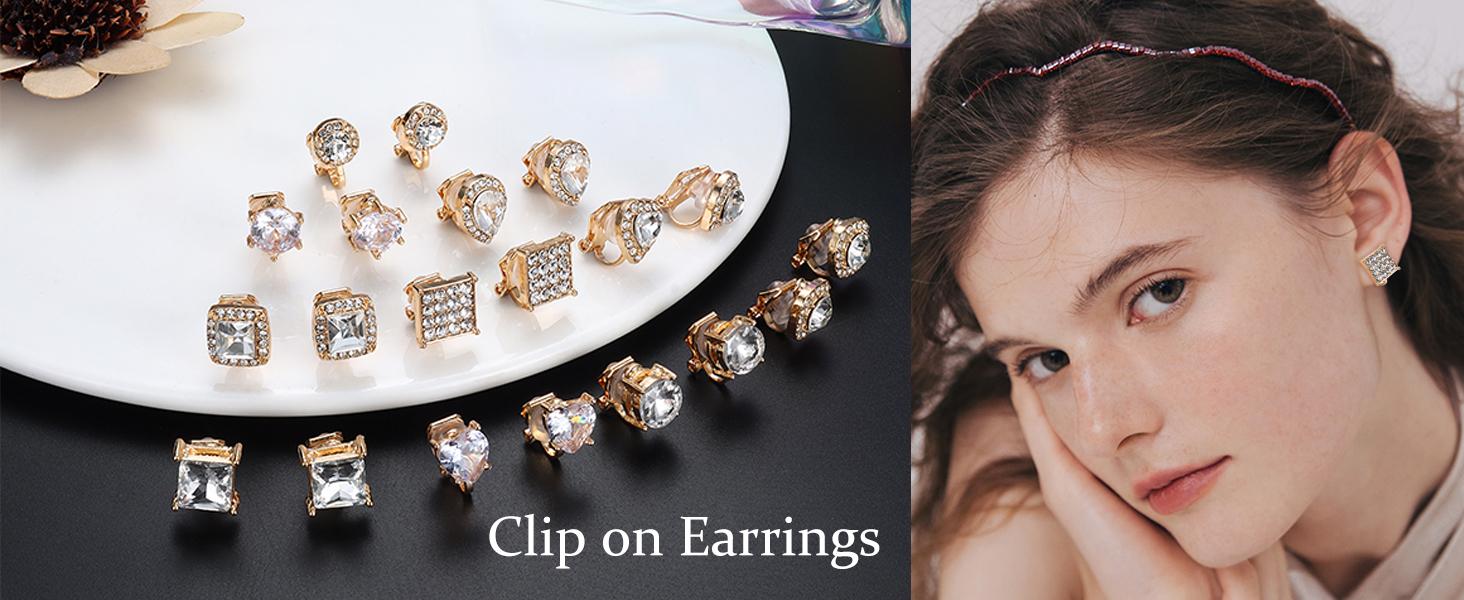 LOYALLOOK 10Pairs Cubic Zirconia Clip On Earrings for women Square Heart Ear Clips Earring Crystal Non-Pierced Clip Earrings