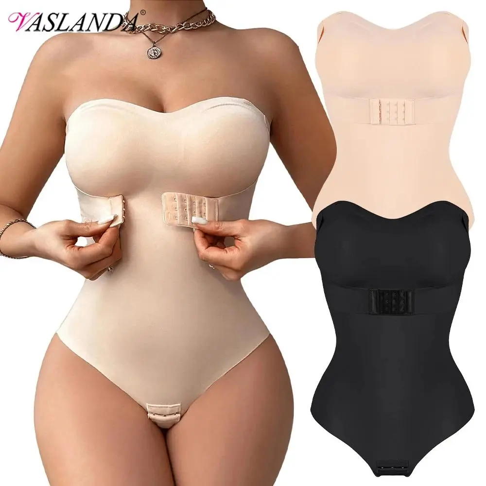 Strapless Bodysuit Off Shoulder Bustier Tube Top Women Front Closure Tummy Control Shapewear Removable Padded Underwear S-4XL