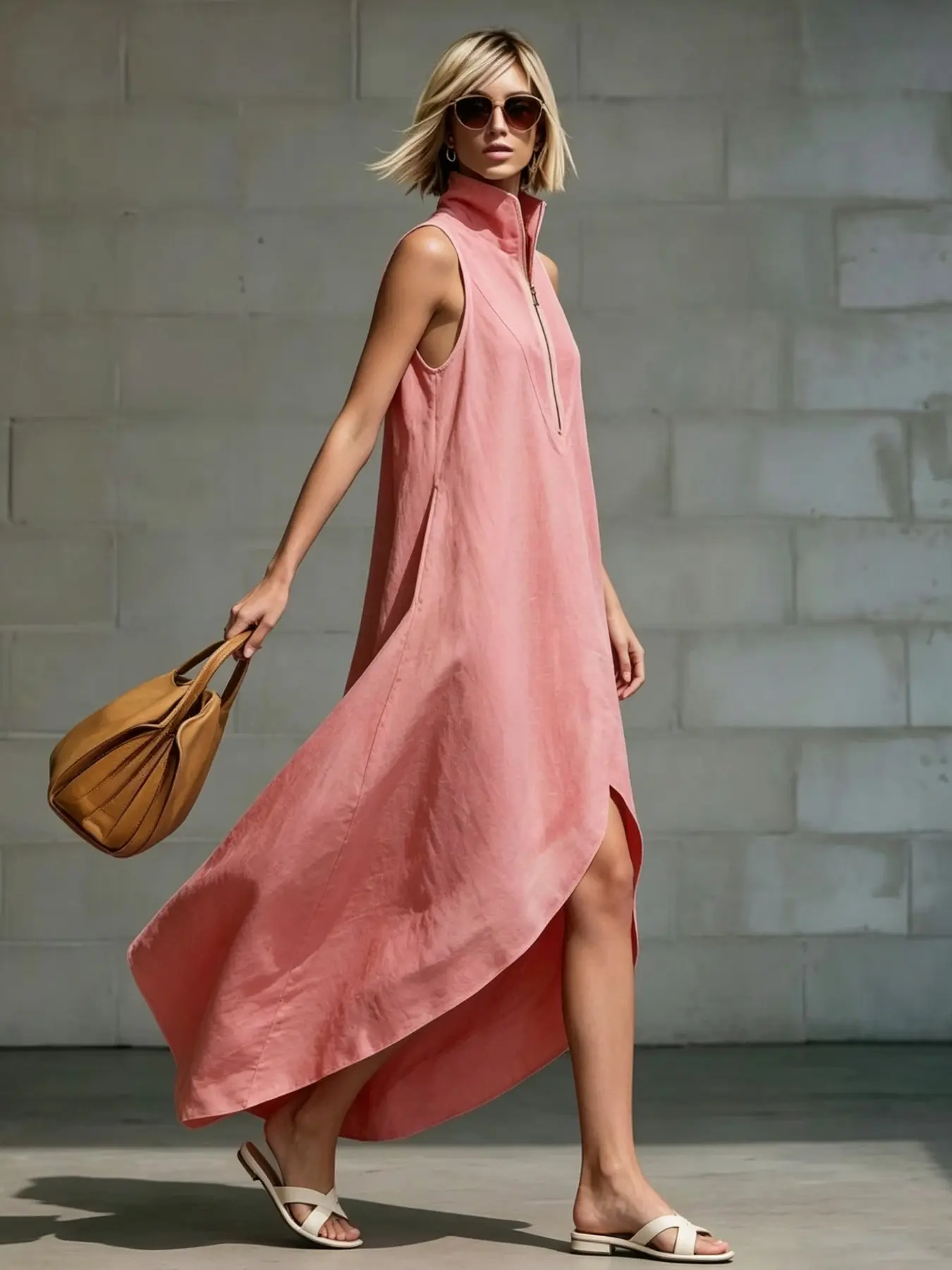 New Stand Collar Zipper Sleeveless Dress, Asymmetrical Wide Leg Loose Vacation Style Long Cape Skirt, Casual Solid Pattern