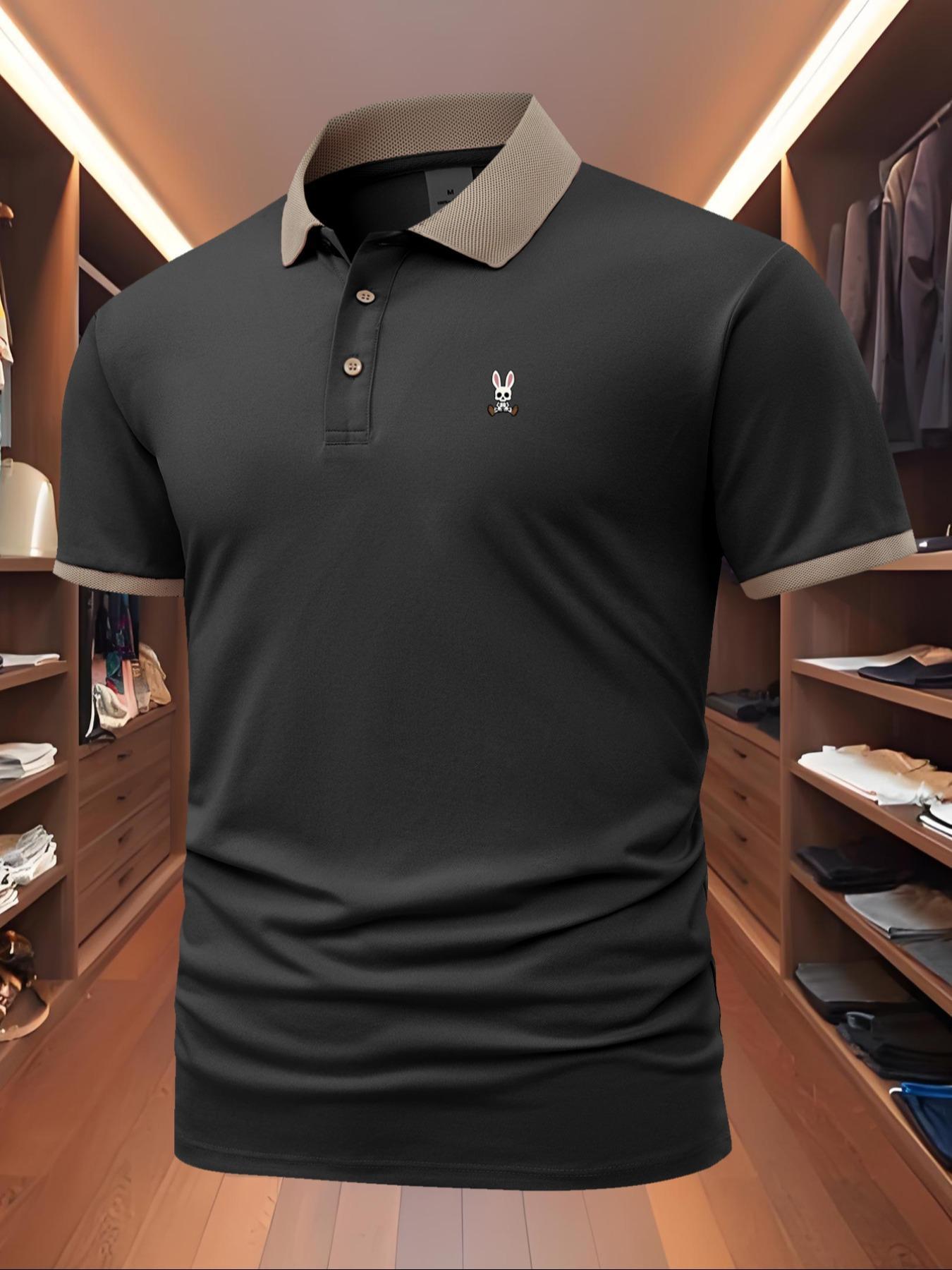 Men's Regular Fit Rabbit Print Polo Shirt, Casual Short Sleeve Collared Top for Summer, Fashion Men's Clothes for Daily Wear