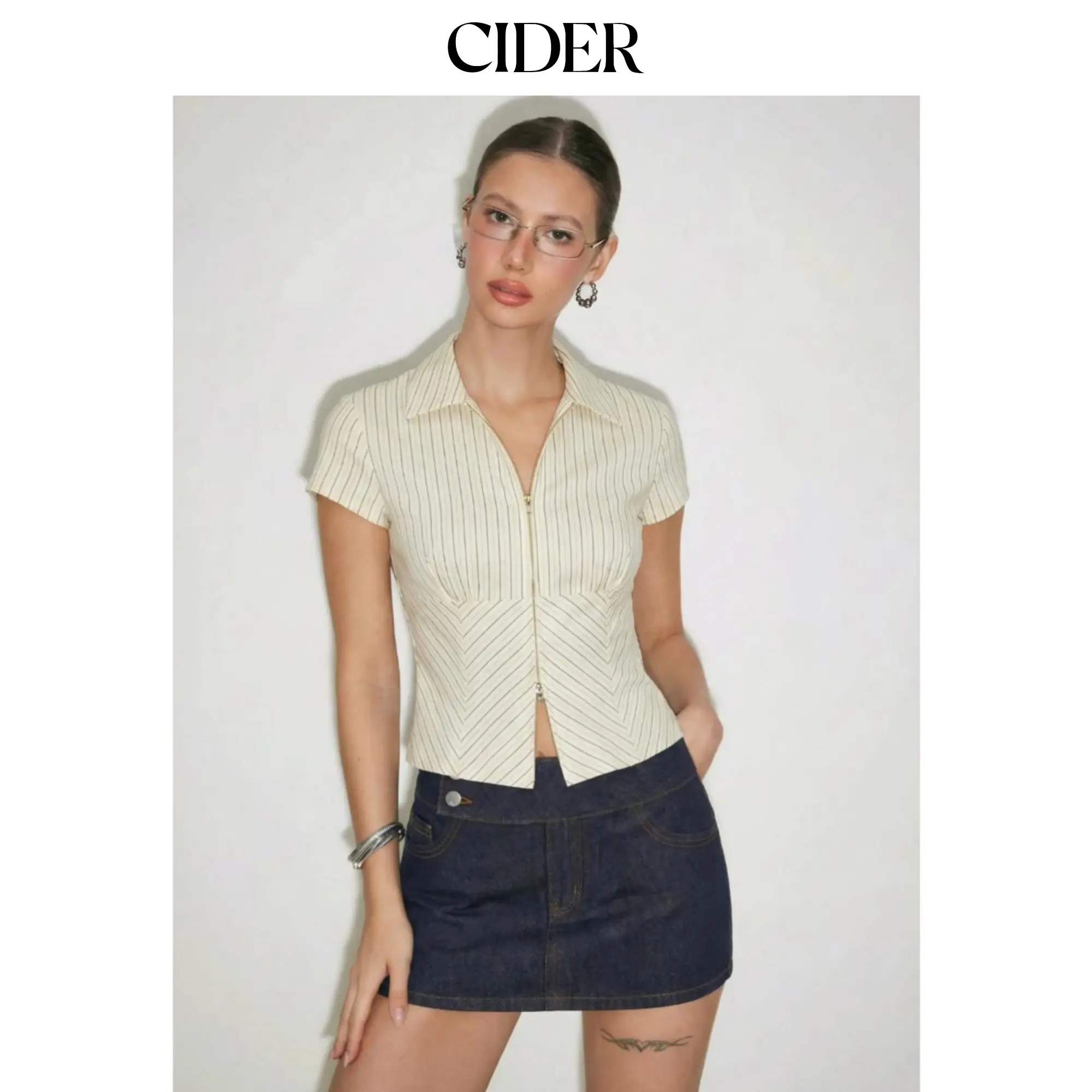 Cider Cotton-blend Stripes Collar Zip Front Short Sleeve Blouse SummerWins SummerFinds