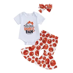 Newborn Baby Girl Basketball Outfit Biggest Fan Bowknot Short Sleeve Romper Flare Pants Headband Set 3Pcs Infant Summer Clothes