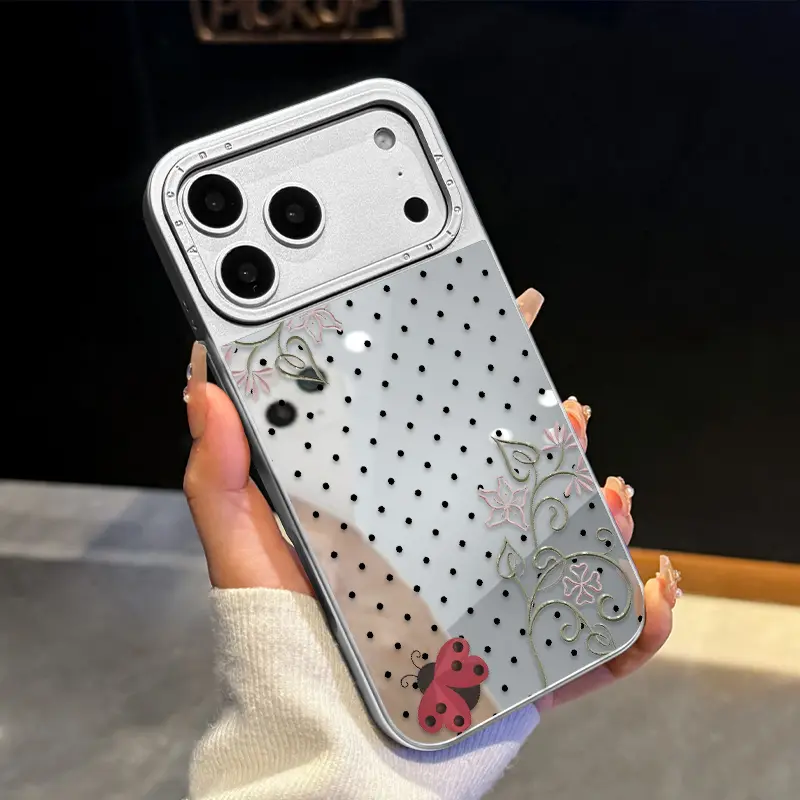 2-in-1 Electroplated Mirror Smartphone Casing - Handheld Quick Touch-Up Makeup Mirror, Shockproof Anti-Scratch Durable Cover for iPhone 17 Air/16/15/14/13/12 Pro Max Plus (Ladybug Floral Dots Pattern) for Cellphone Devices, Accessories