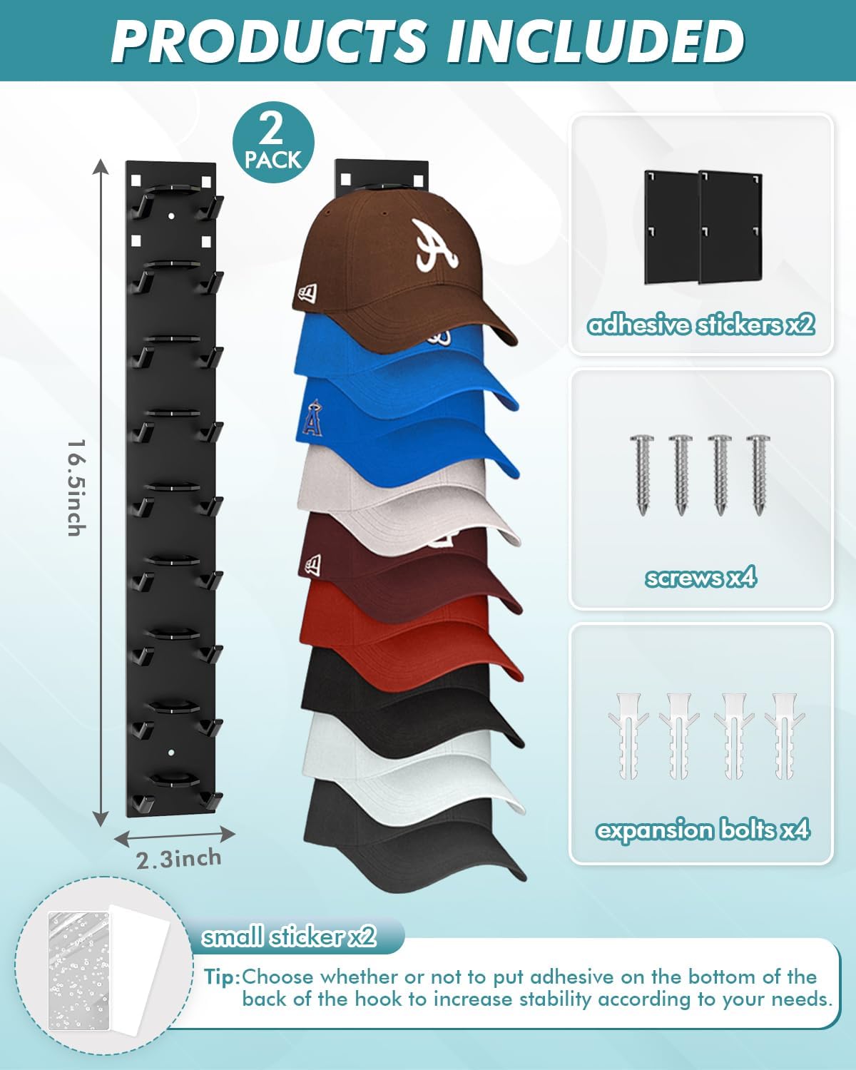 2 Pack Hat Organizer  Wall Mounted Baseball Cap Rack Black or White Adhesive Mount Stable Structure Holds 18 Hats for Closet Door & Bedroom Easy Access Display Hanger